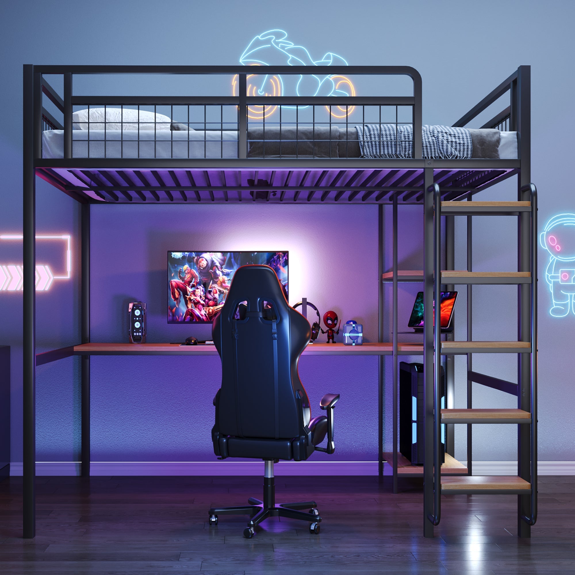 Metal Loft Bed, 140x200 cm with Ladder, Desk & Shelf, Black