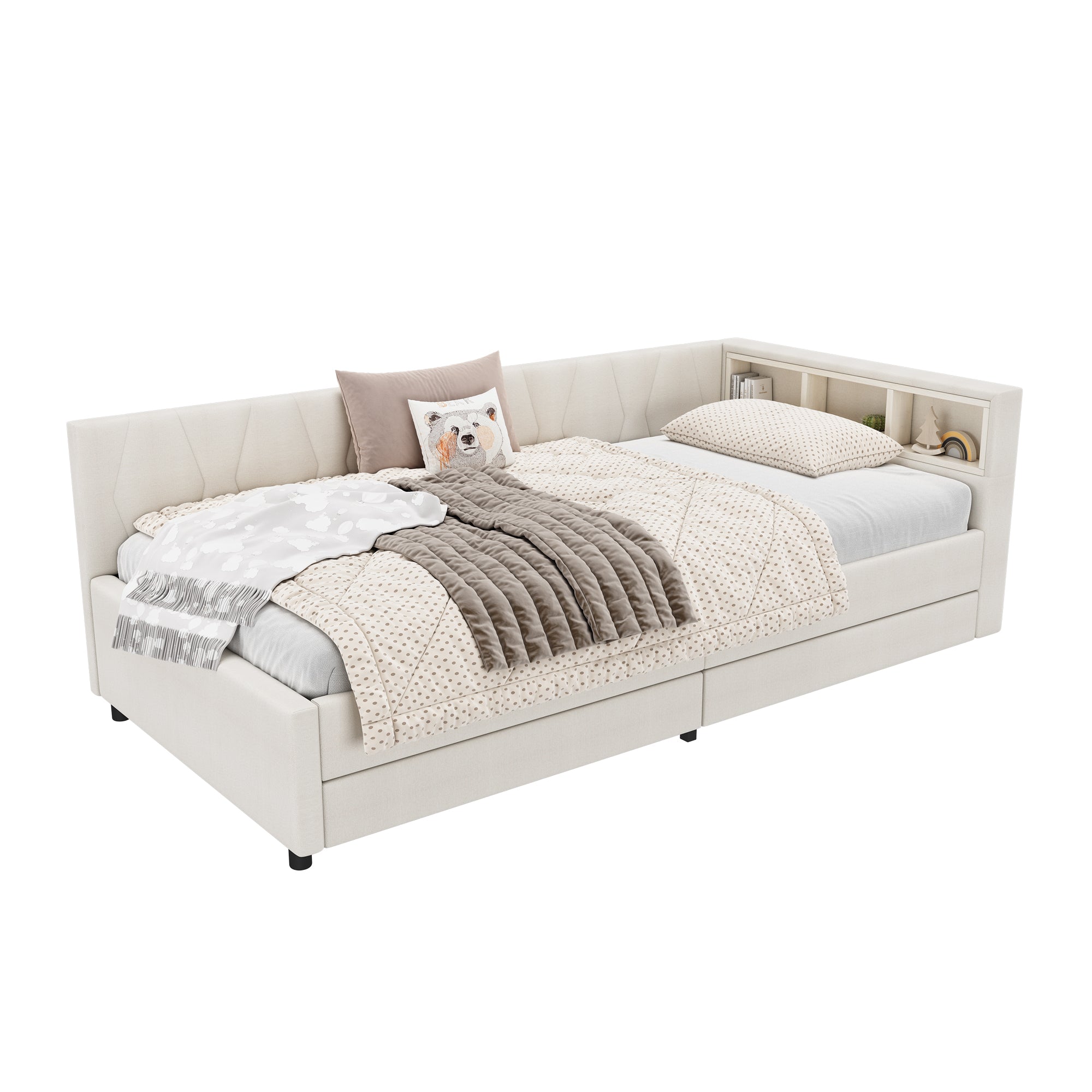 Daybed Sofa Bed 90x200cm Storage USB/Type-C LED Light 2 Drawers - Linen Beige