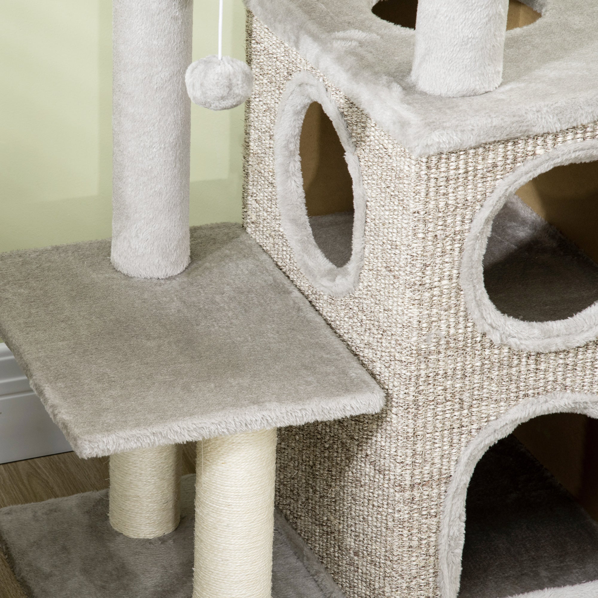 Cat Scratching Post, 2 Cat Caves, Sisal Column, Play Platform, Light Grey