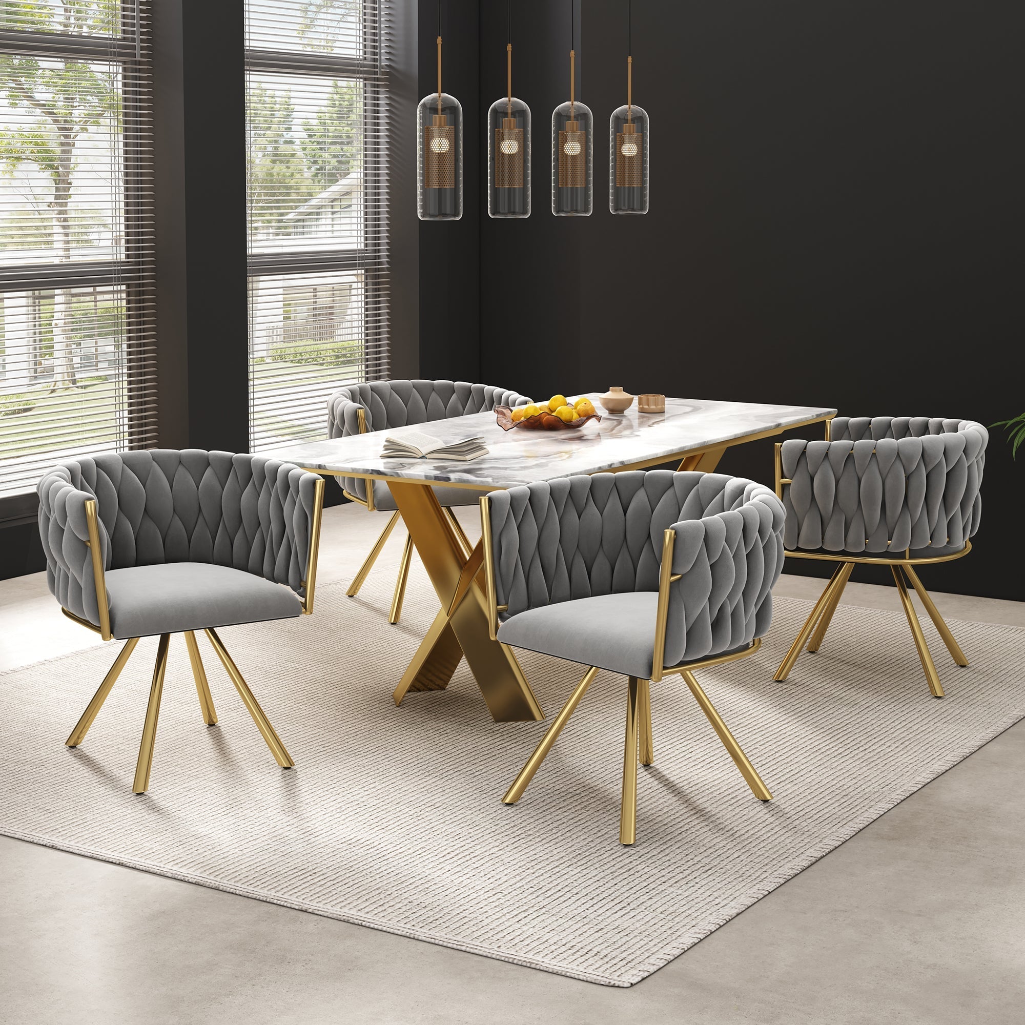 Velvet Dining Chair Set of 2 Swivel Metal Legs - Grey and Gold
