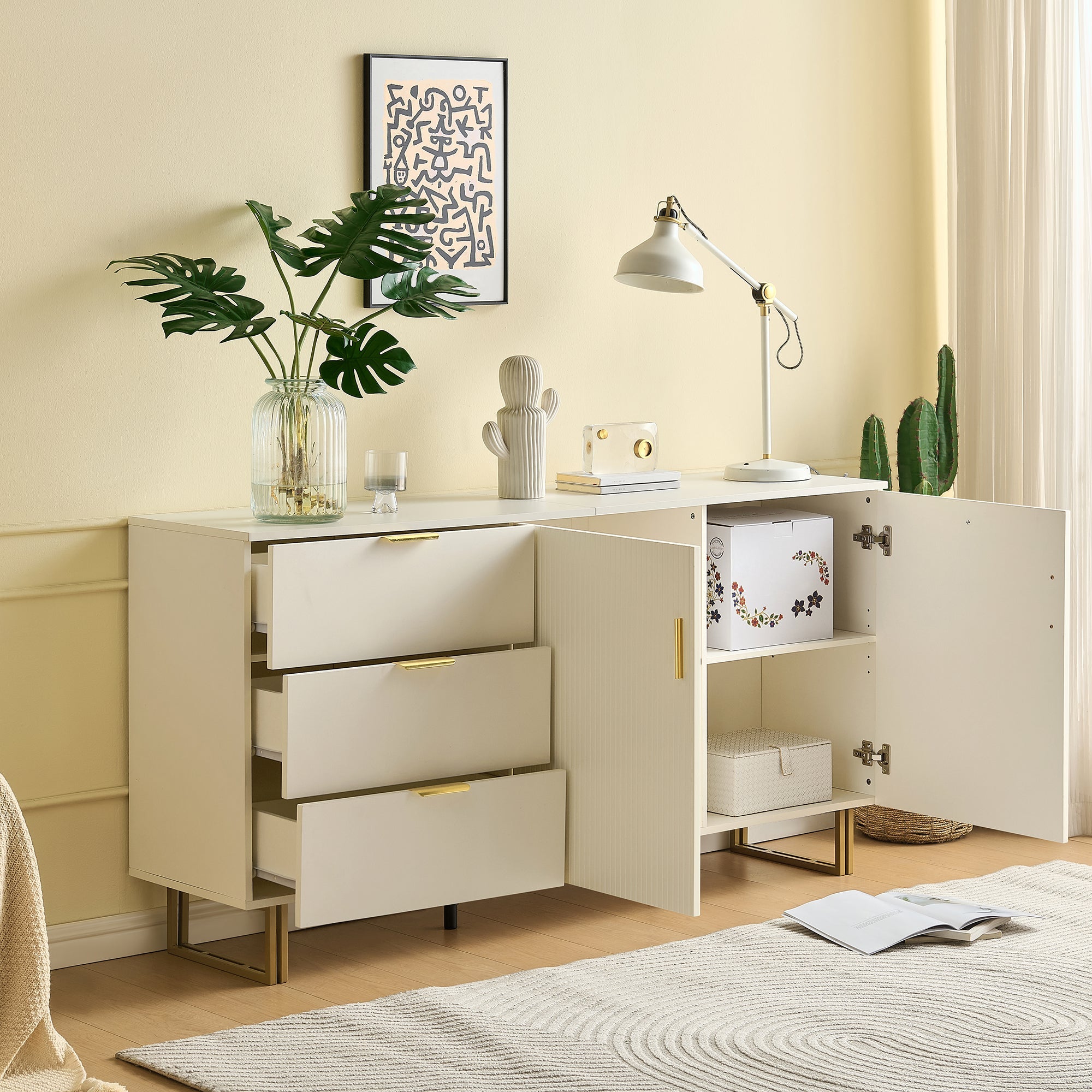 Modern Sideboard with 2 Doors and 3 Drawers, 160cm Storage Cabinet with Gold Steel Legs, White MDF