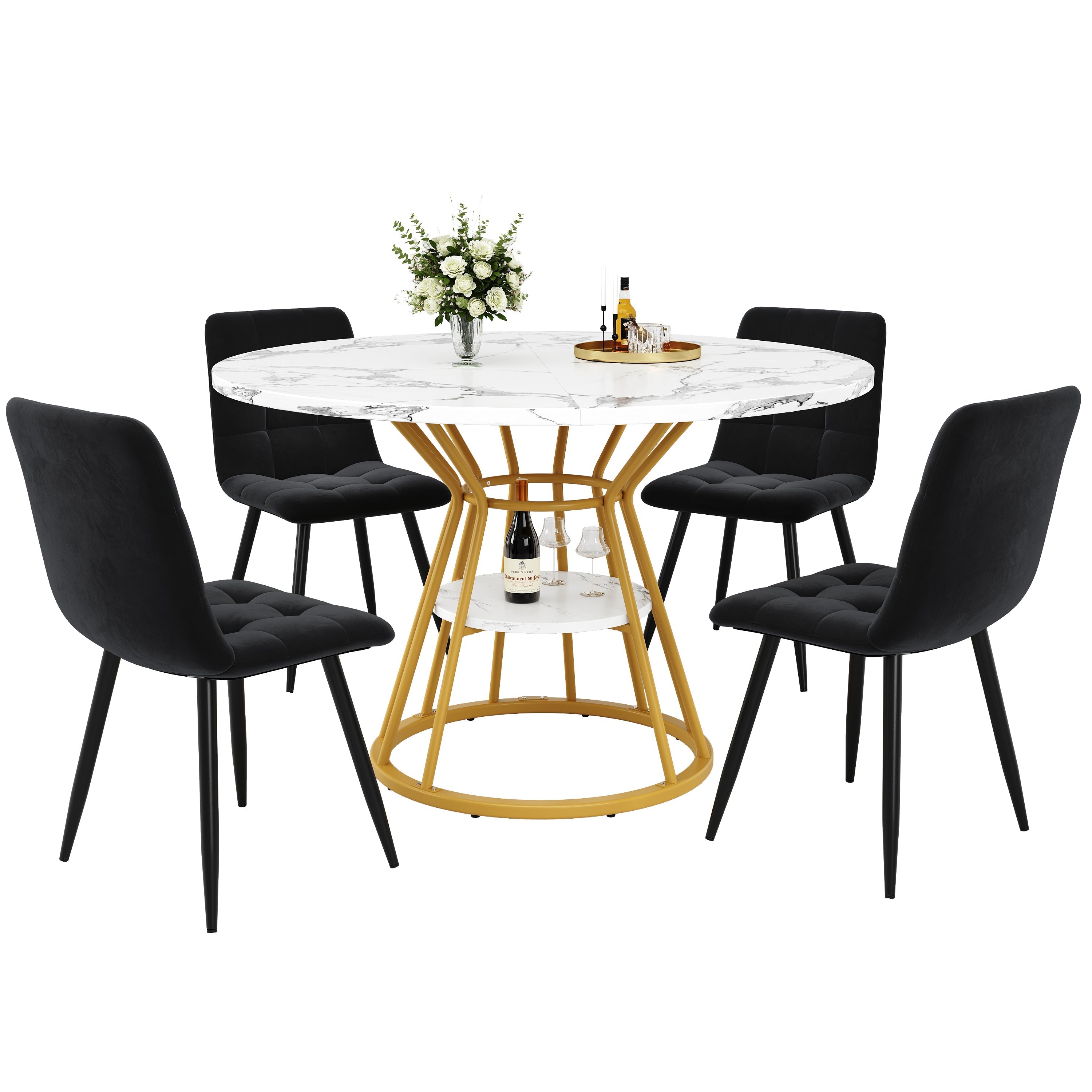 5-Piece Round Dining Table Set with 4 Velvet Chairs and Marble Top, Black