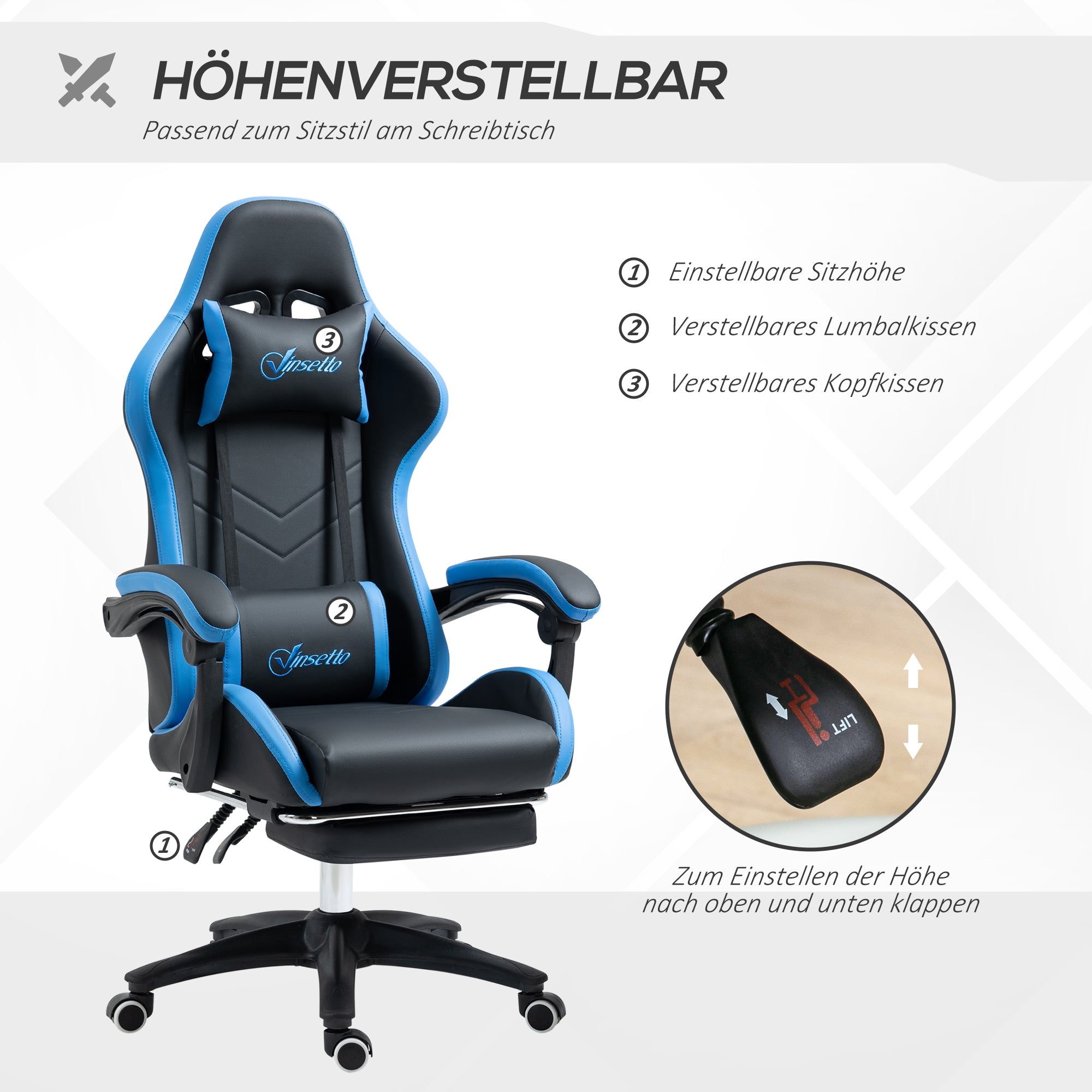 Vinsetto Gaming Chair, Height-Adjustable, Reclining, Blue Black
