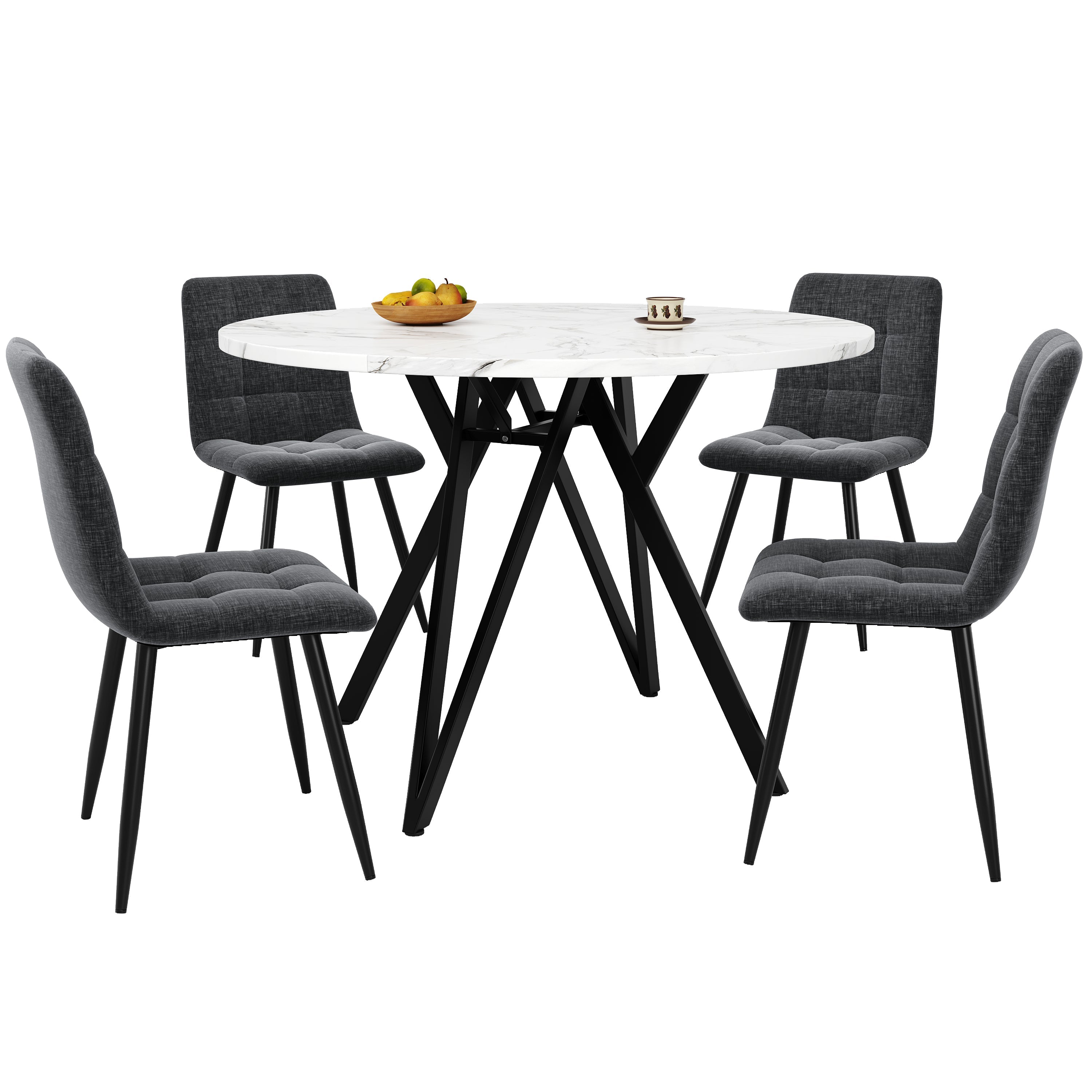 Dining Set 5-Piece Round 100cm Marble Top Black Metal Legs Grey Linen