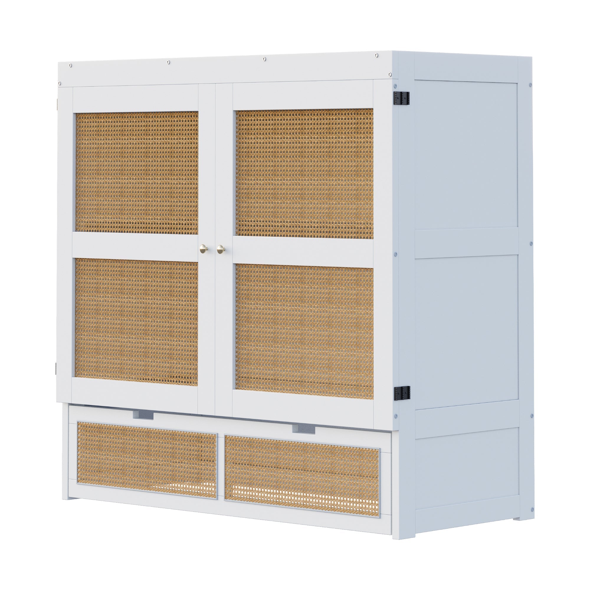 Murphy Bed with Rattan Cabinet Doors and Integrated Storage, White