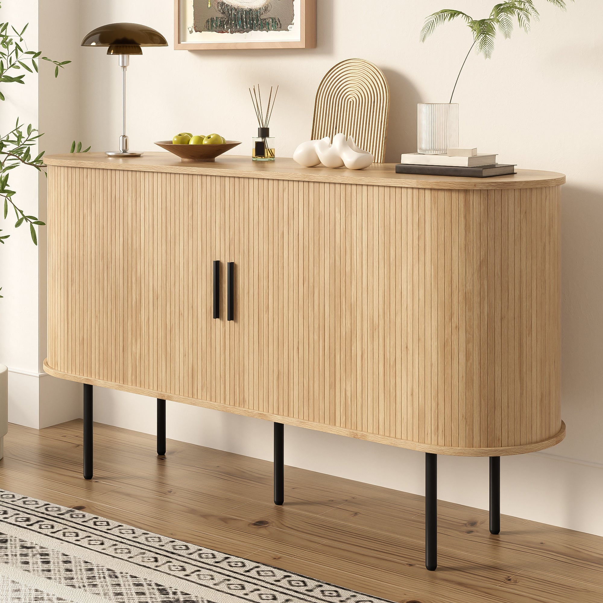 MDF Sideboard, Roller Blind Doors, Aluminum Handles, Iron Legs