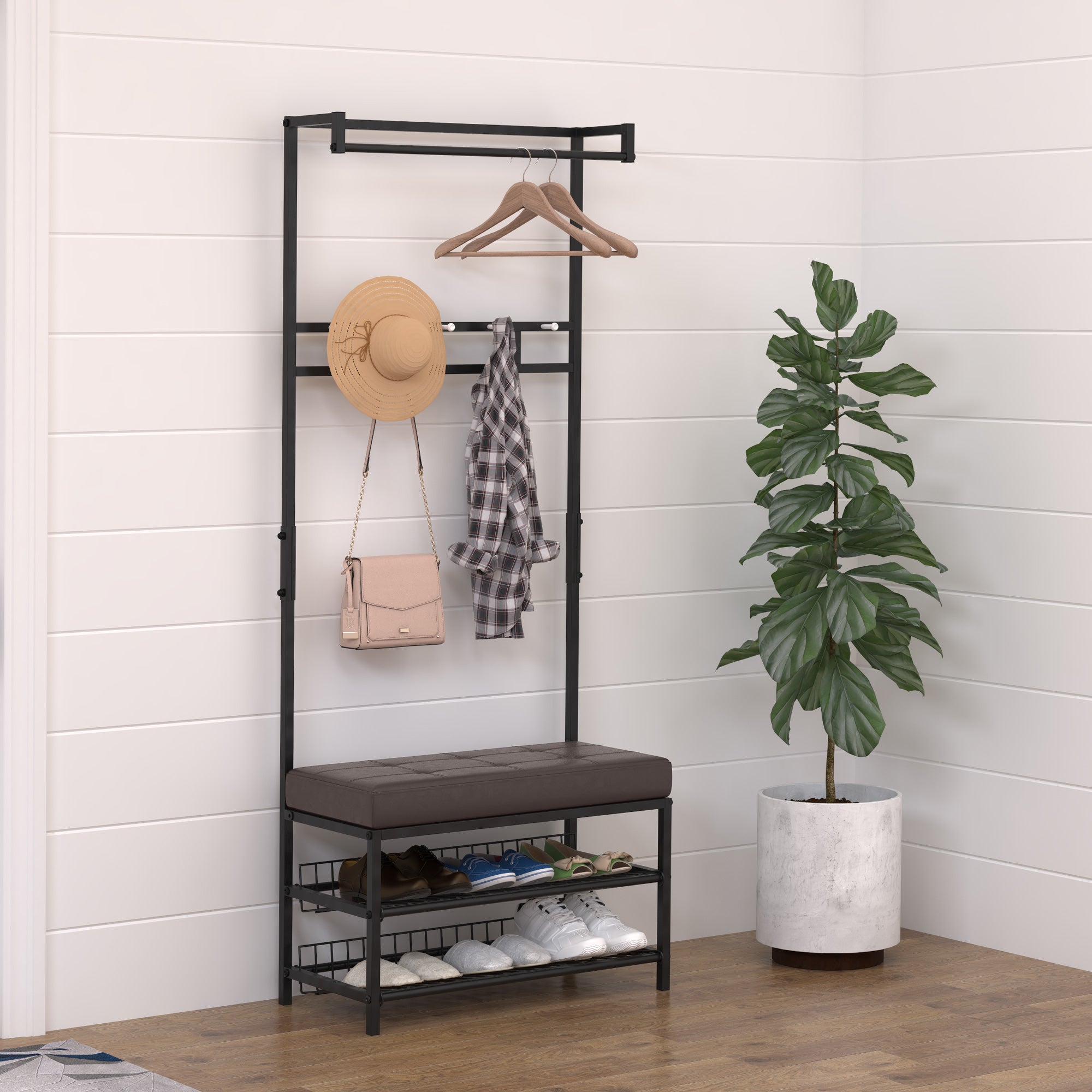 Coat rack with bench and shoe rack, 2 shoe shelves, metal