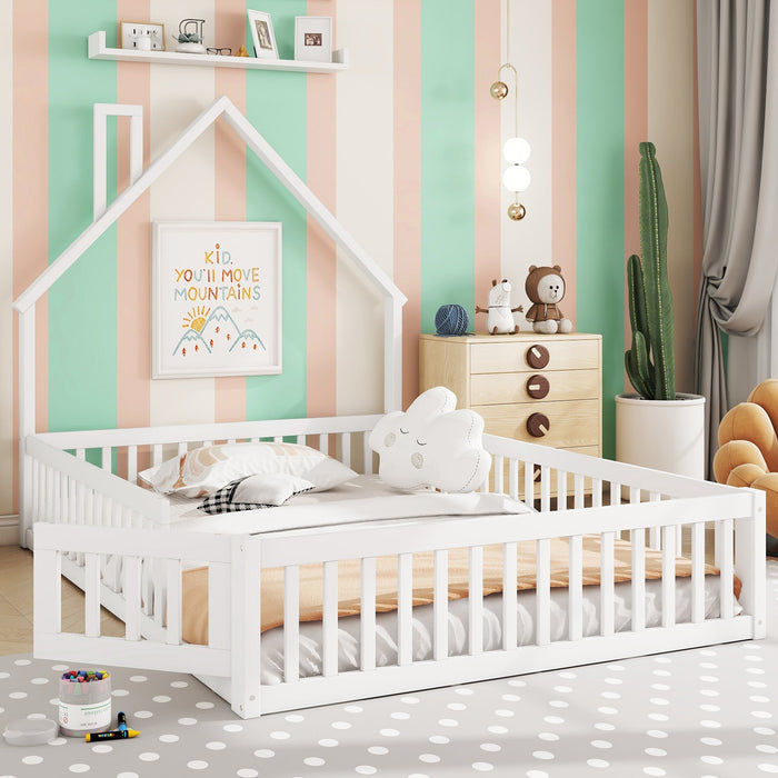 Children's House Bed 140x200cm Chimney Shape Slatted Base Pine Wood White