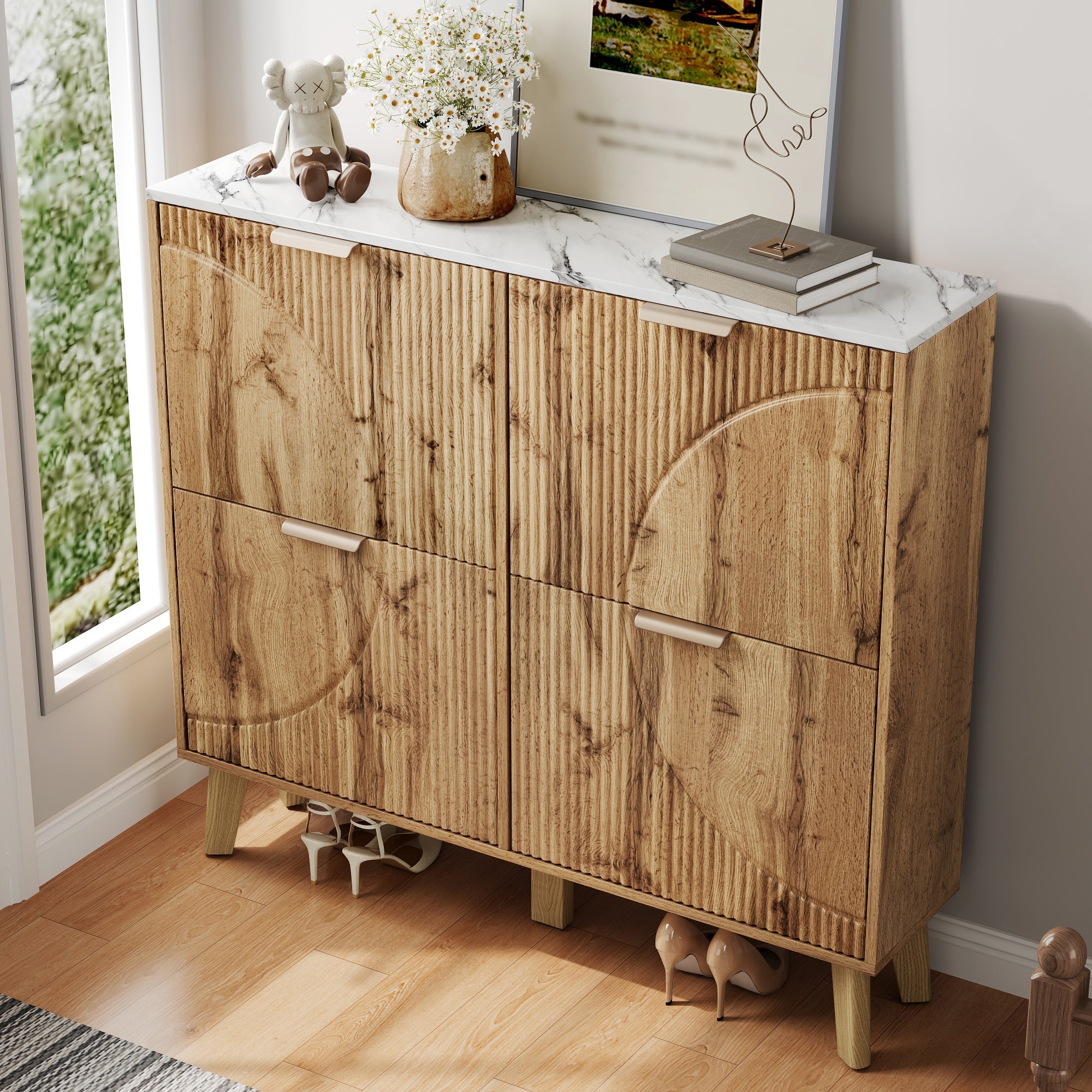 Shoe Cabinet with 4 Doors and Marble Look Worktop, Wood Look and Solid Wood Legs