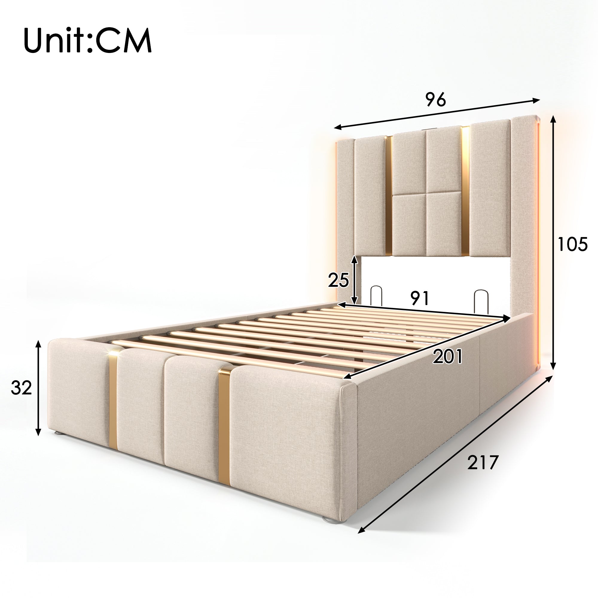 Upholstered Bed, USB C, LED, Storage, 90x200, Wood Slats, Beige Linen