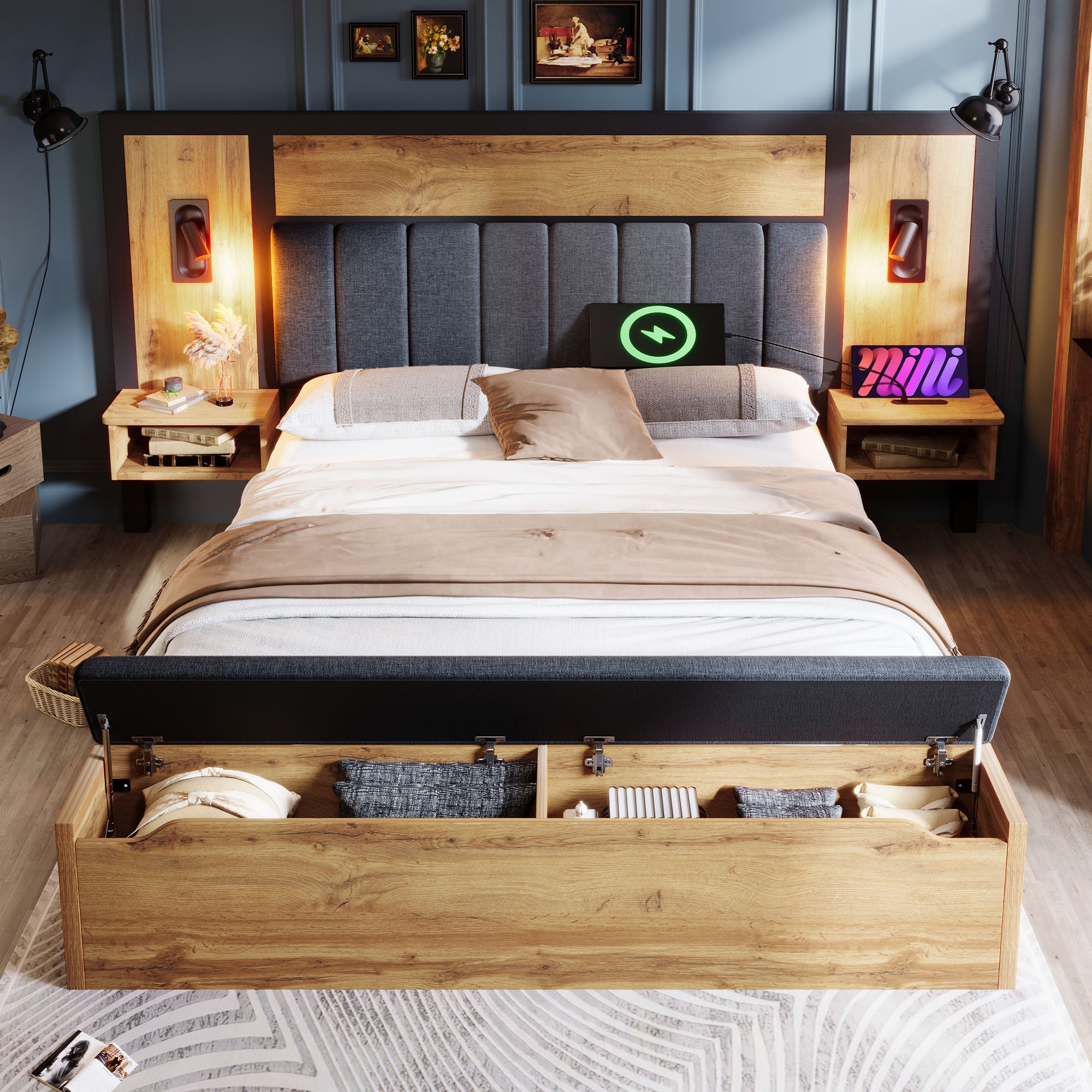 Double Bed Upholstered 160×200, Reading Lamp USB C Storage Bench, Oak Wood and Linen