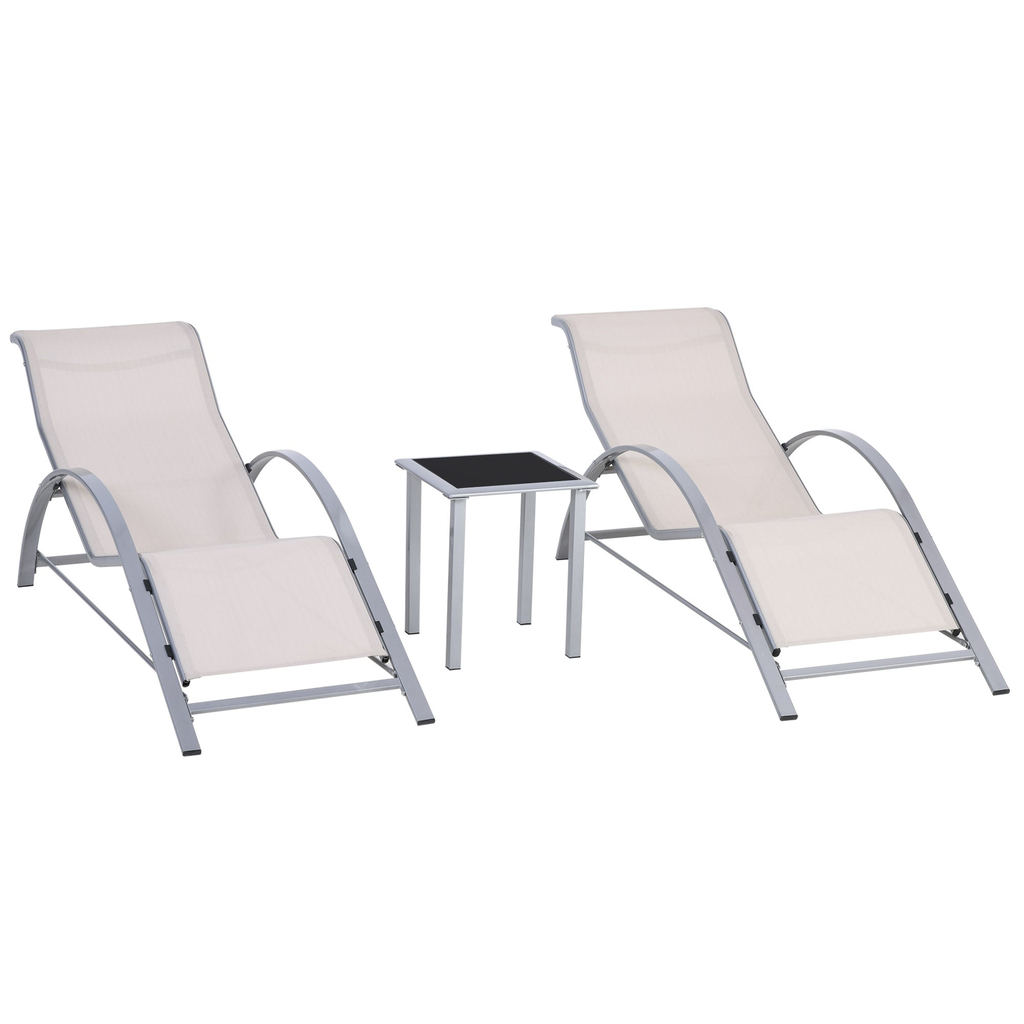 3 Pieces Lounge Chair Set Recliner Sunbathing Chair with Table, Cream