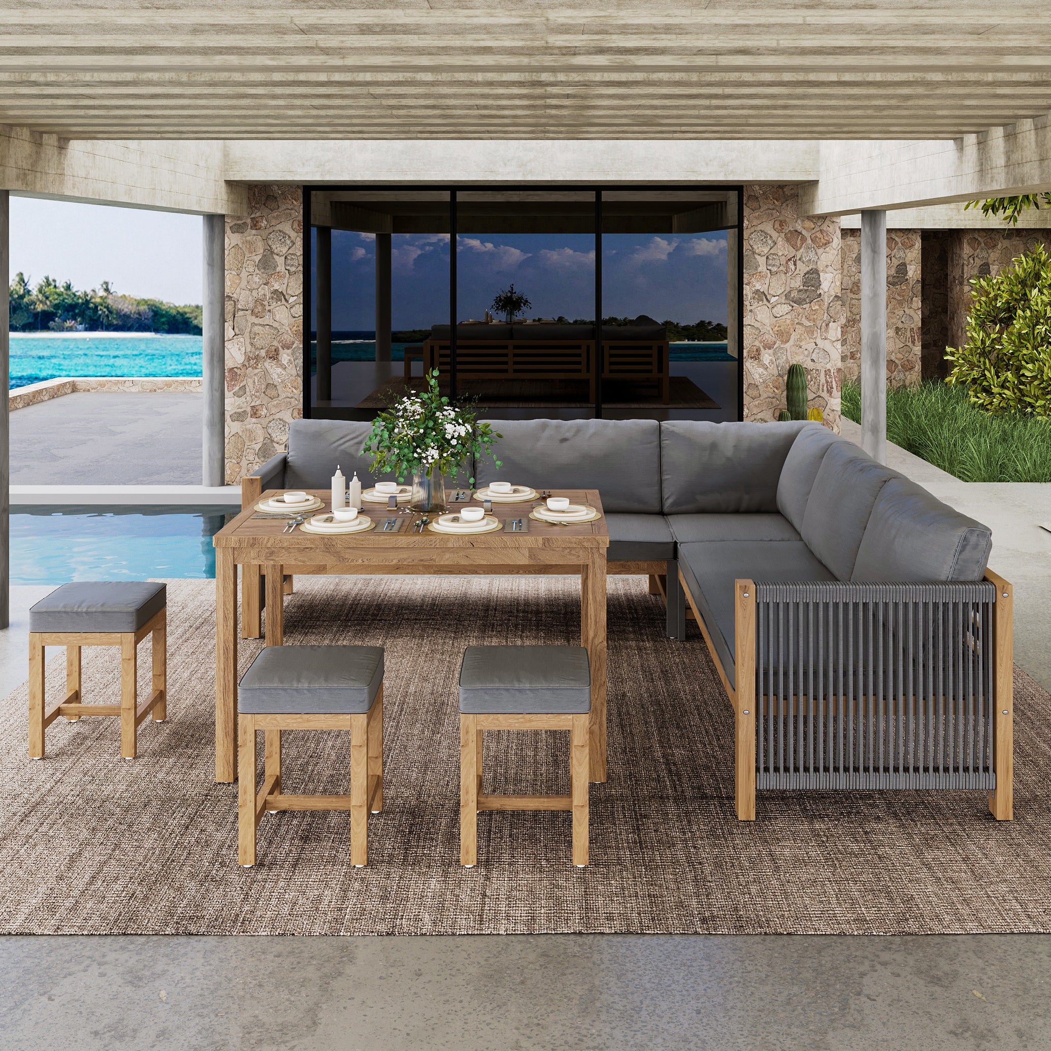 Garden Dining Set with Corner Sofa and Stools for 7-8 People, Polyrattan and Acacia, Grey and Natural