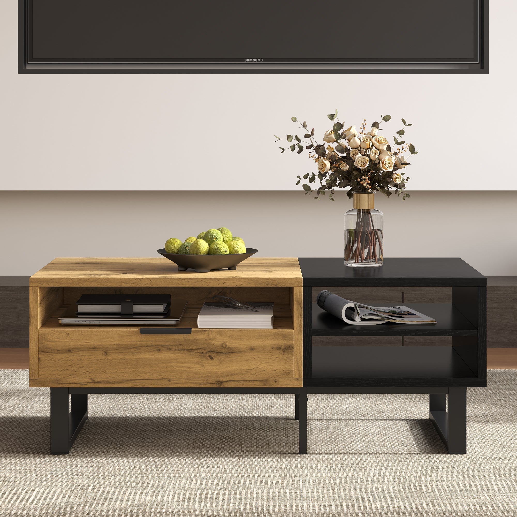 Coffee Table with Color Block, Compartments, Drawers, Metal Legs