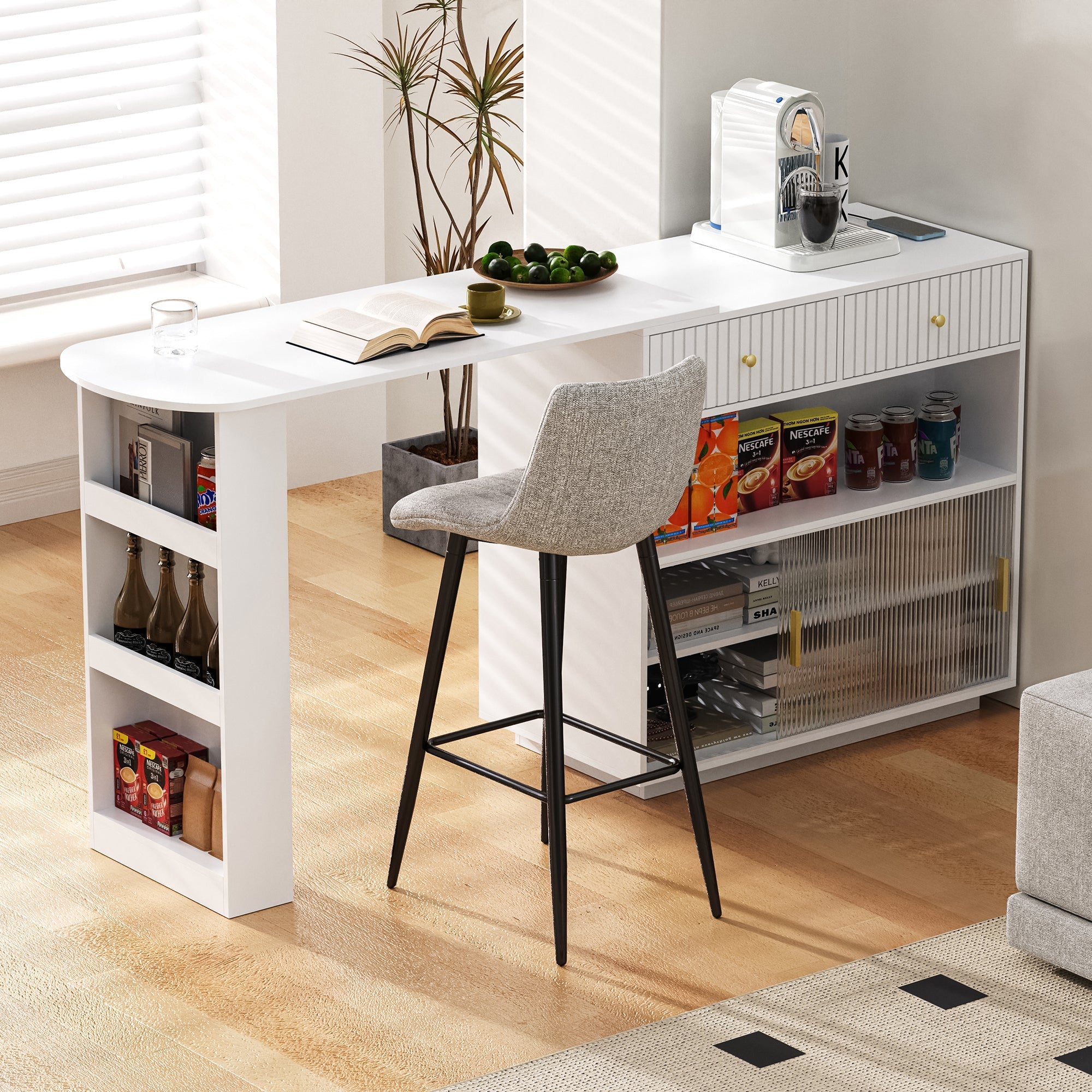 Bar Table Extendable 360° Rotating Sideboard LED Storage Sockets White