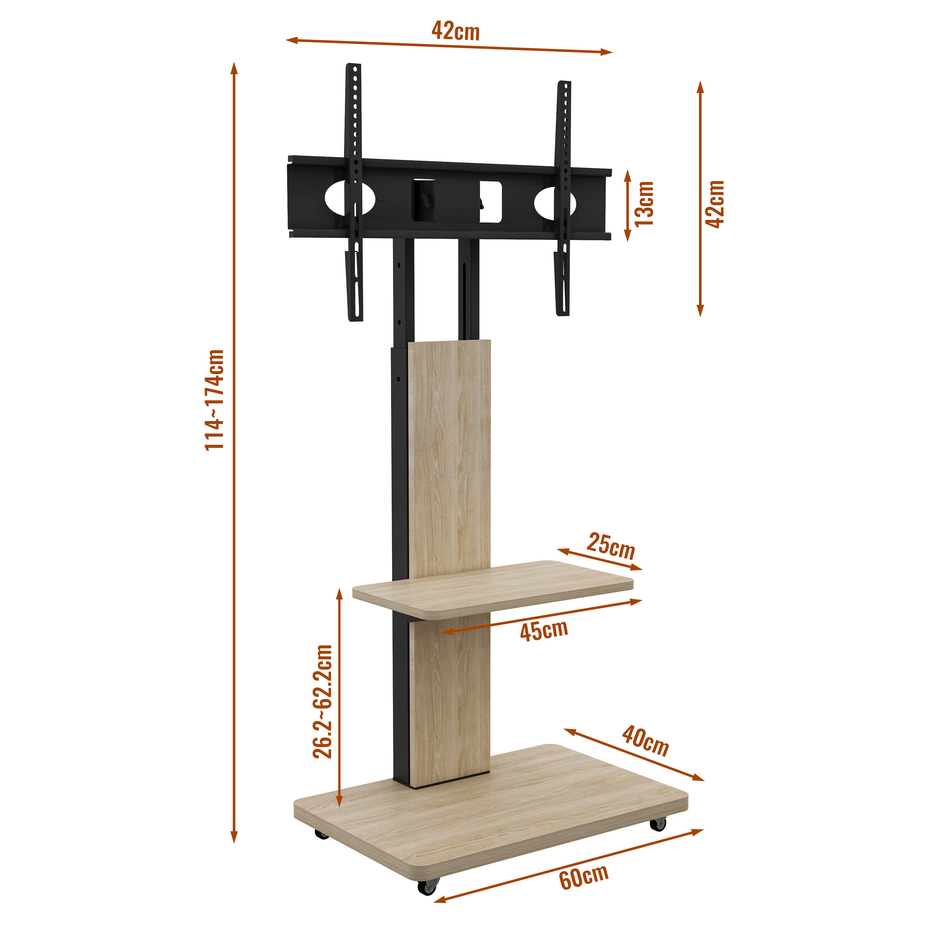 Mobile TV Stand Height-Adjustable Storage 32-75 Inch Lockable Wheels - Natural