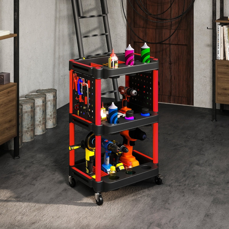 Workshop trolley 3 levels, side perforated shelves, 10 hooks, 91 kg load capacity, black