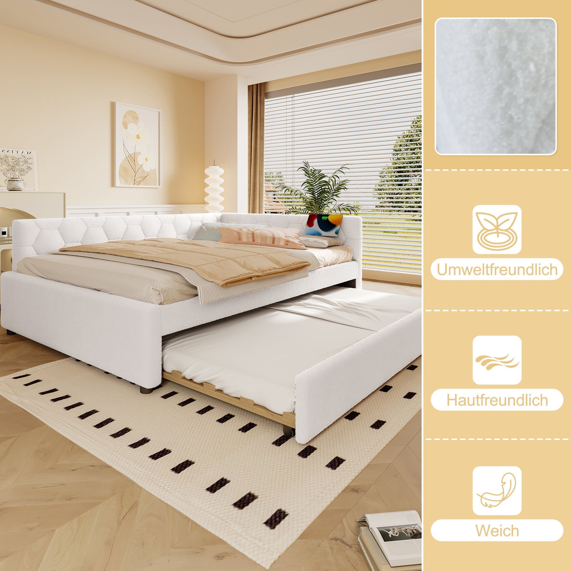 Daybed Sofa Bed 140x200cm Pull-Out Bed with Lamp & USB/Type-C Port Fleece Imitation White