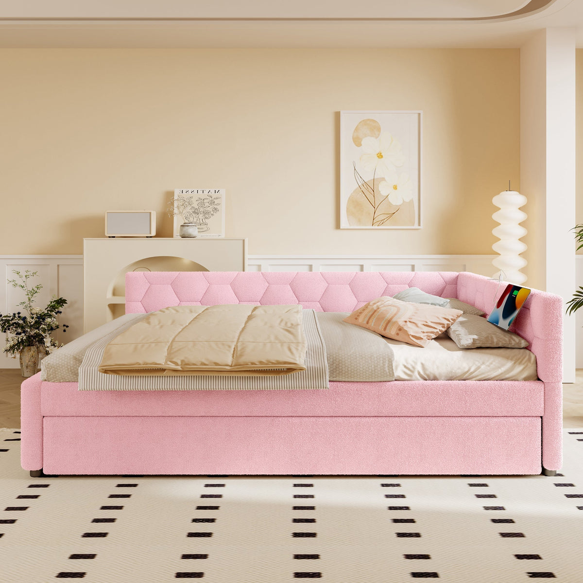 Daybed 140x200cm Sofa Bed Pull-Out Bed Lamp USB/Type-C - Faux Fleece Pink