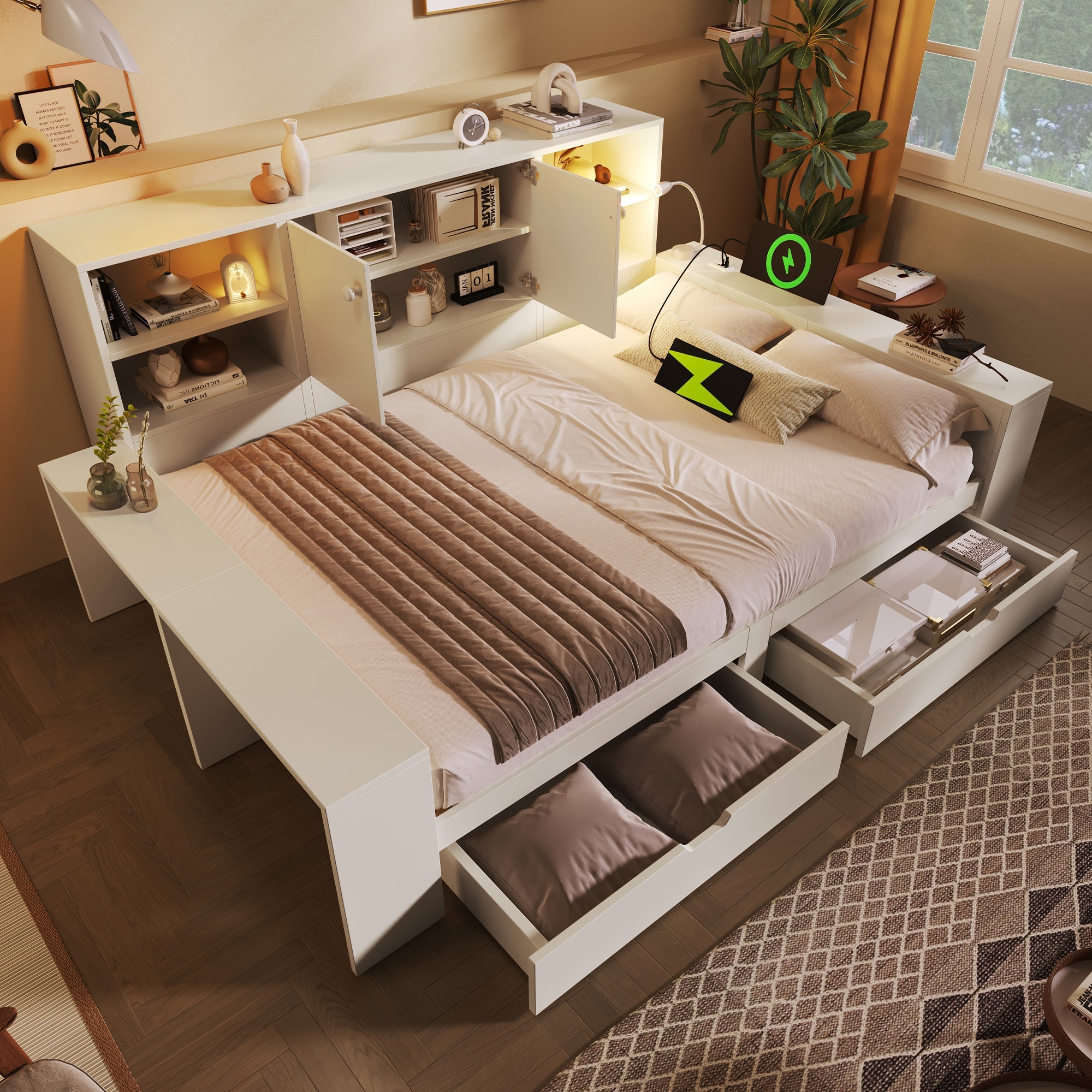 Storage Bed 140x200cm with Drawers, Double Doors and USB/USB-C Ports, White Wood