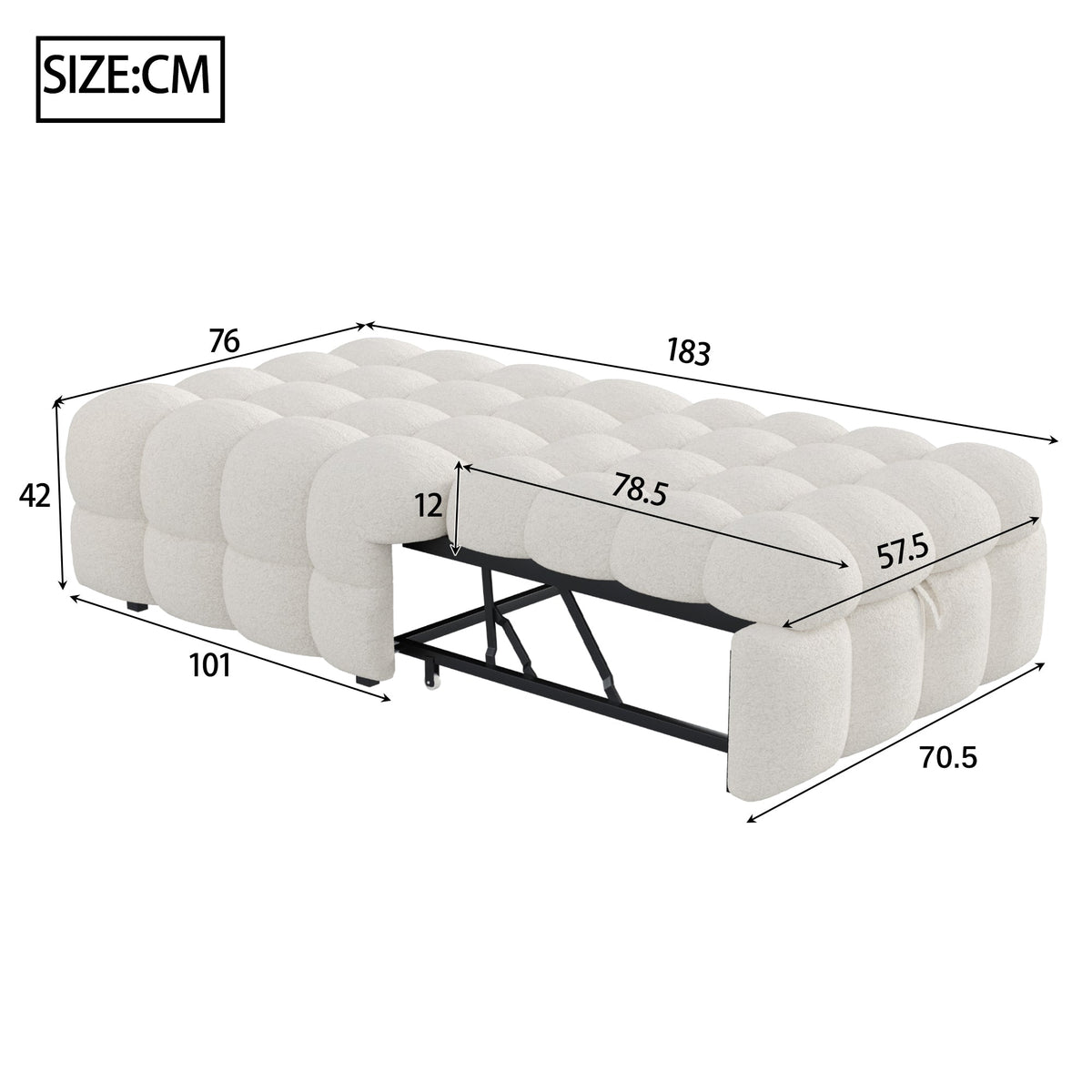 Upholstered Bed 2-in-1 Footstool Pull-out Sofa Bed Single Teddy Fabric Beige