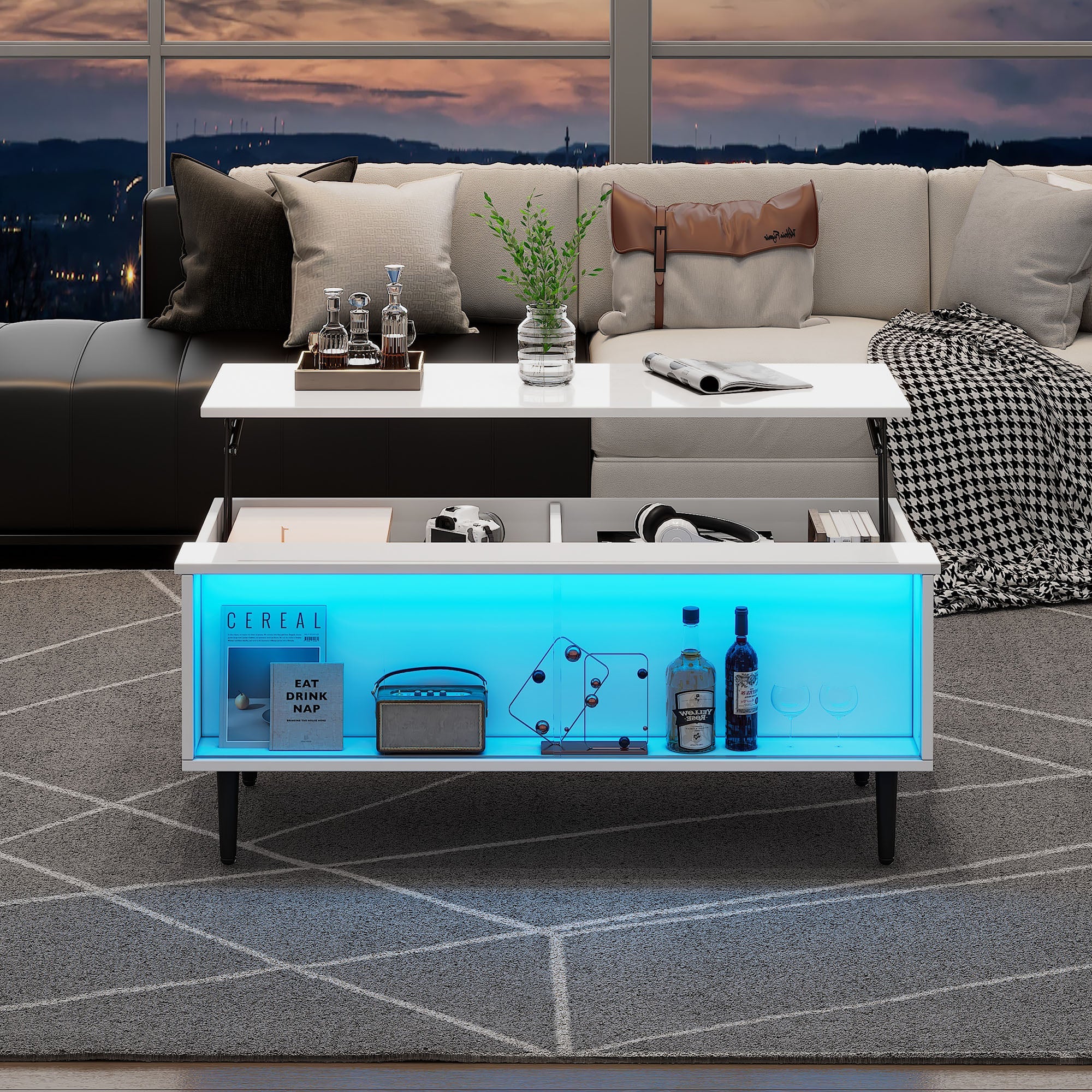 Coffee Table, Height-Adjustable with Hidden Storage & LED Light, White Tempered Glass