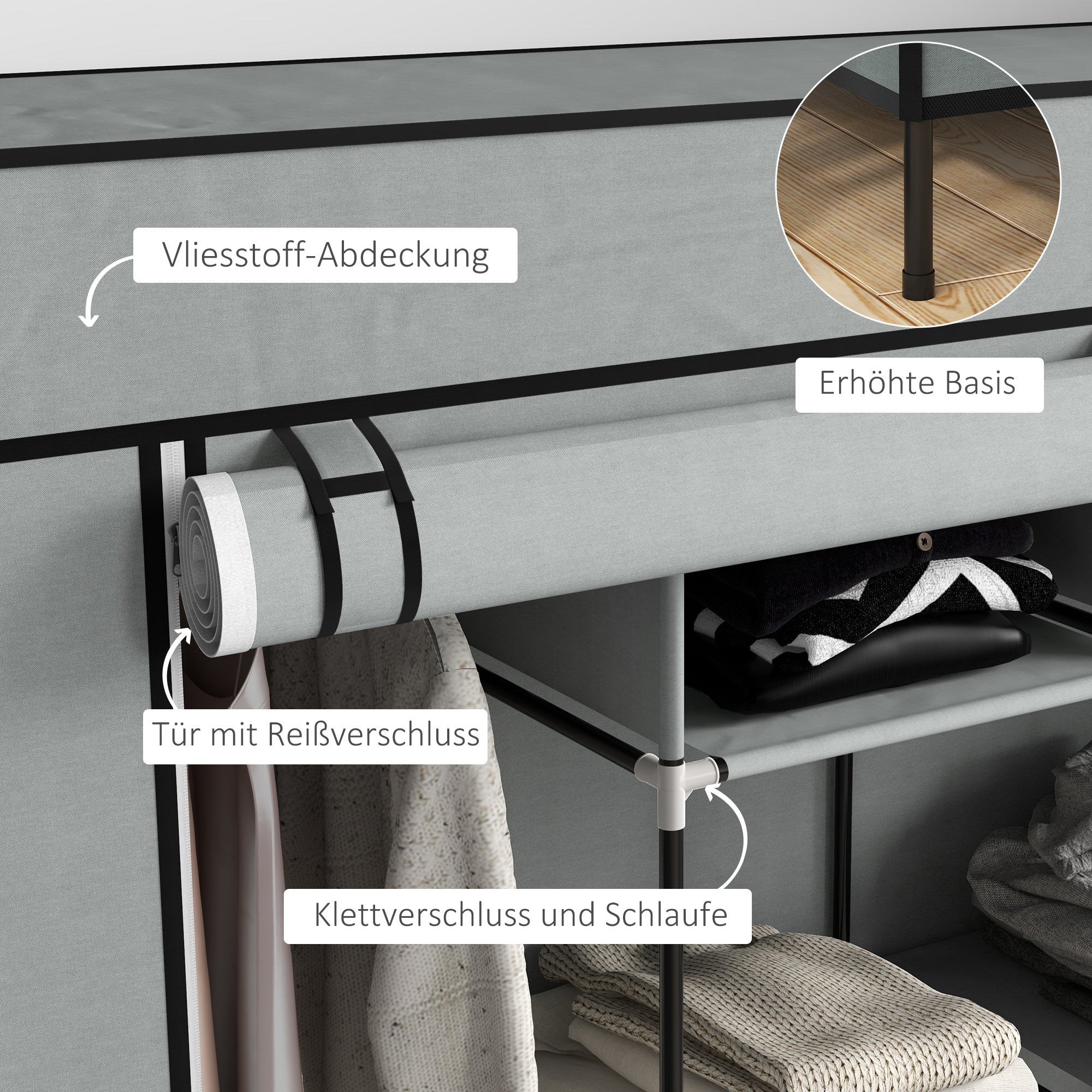 Stoffkleiderschrank, Kleiderstange 10 Fächer 4 Schubladen, Dunkelgrau
