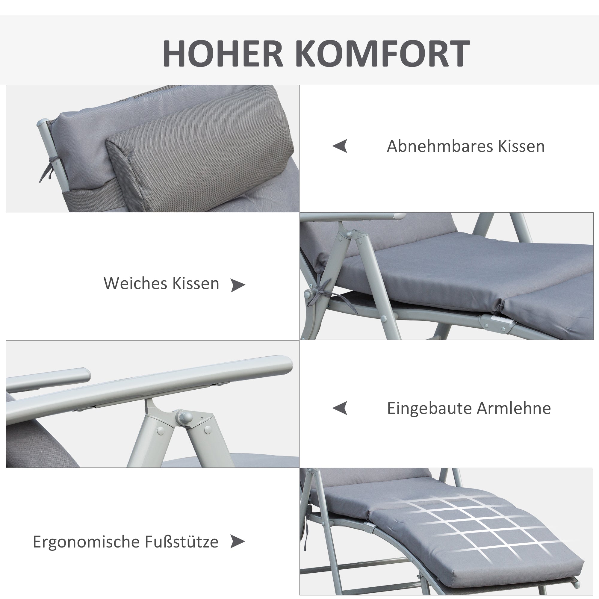 Sun Lounger/Beach/Garden, Foldable Adjustable with Cushion, Metal/Fabric Grey