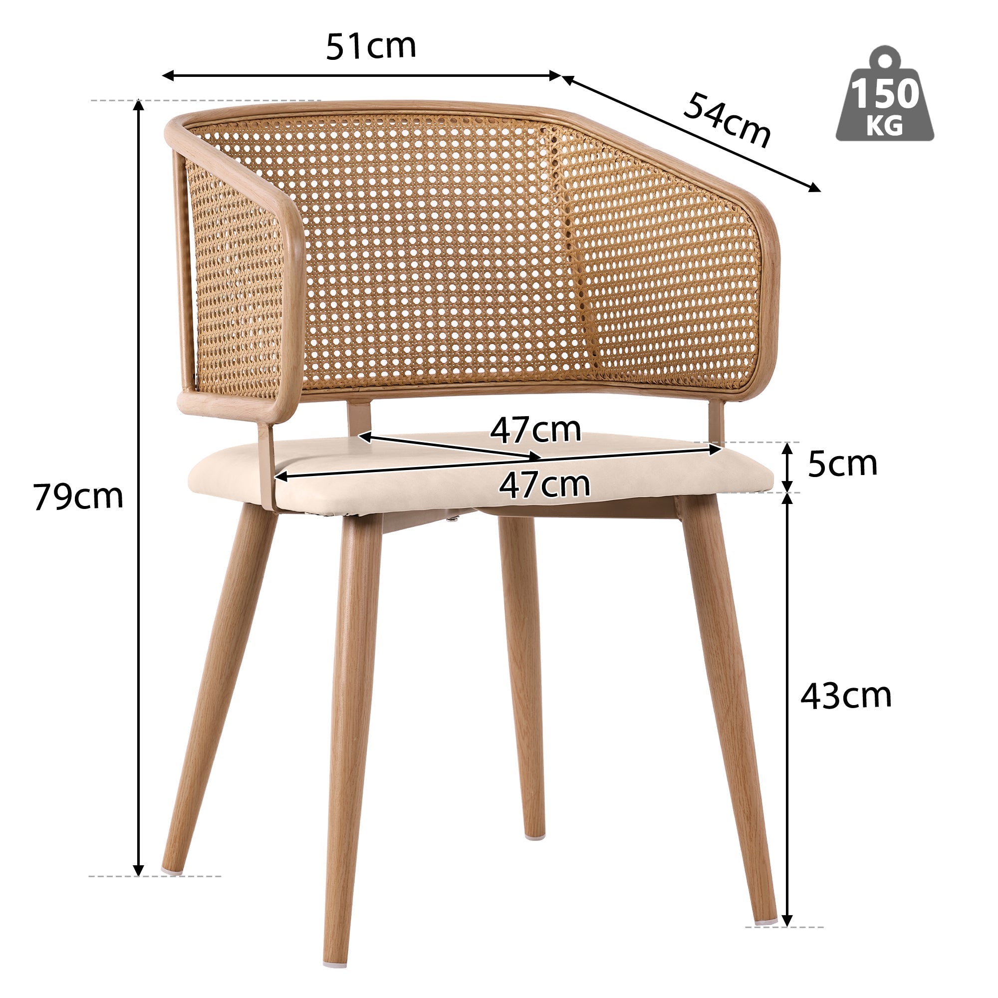 Modern Dining Chairs (2 pcs) with Rattan Backrest & PU Leather Seat, Beige