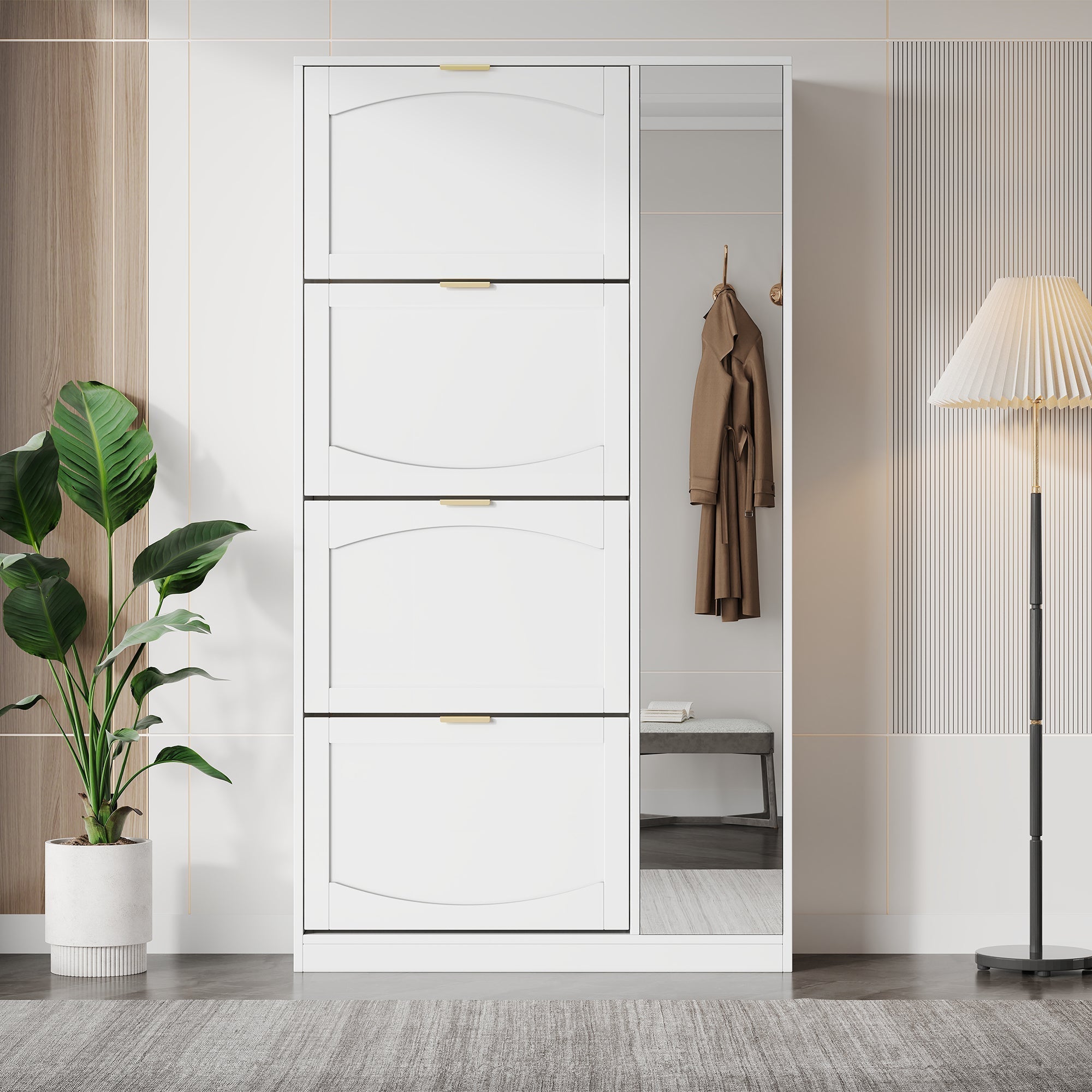 Shoe Cabinet with Mirror 4 Drawers Adjustable Shelf 80x147x24cm - White