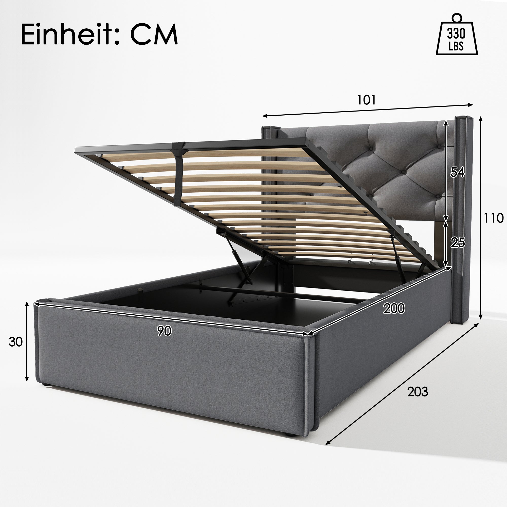 Hydraulic Upholstered Bed, Single 90x200cm with Storage, Grey Cotton