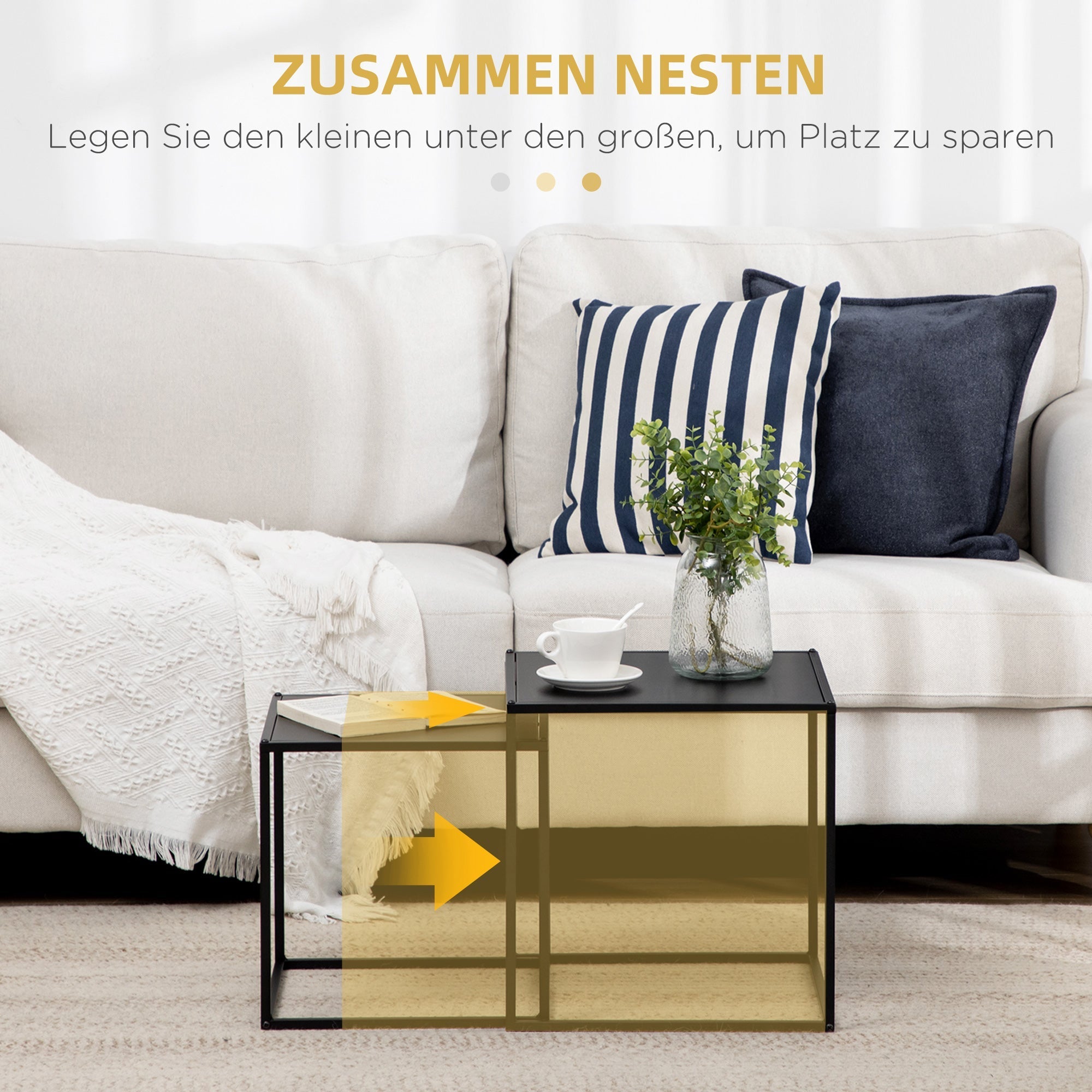 Couchtisch-Set, 2 Beistelltische, modernes Stahl-Design, Schwarz