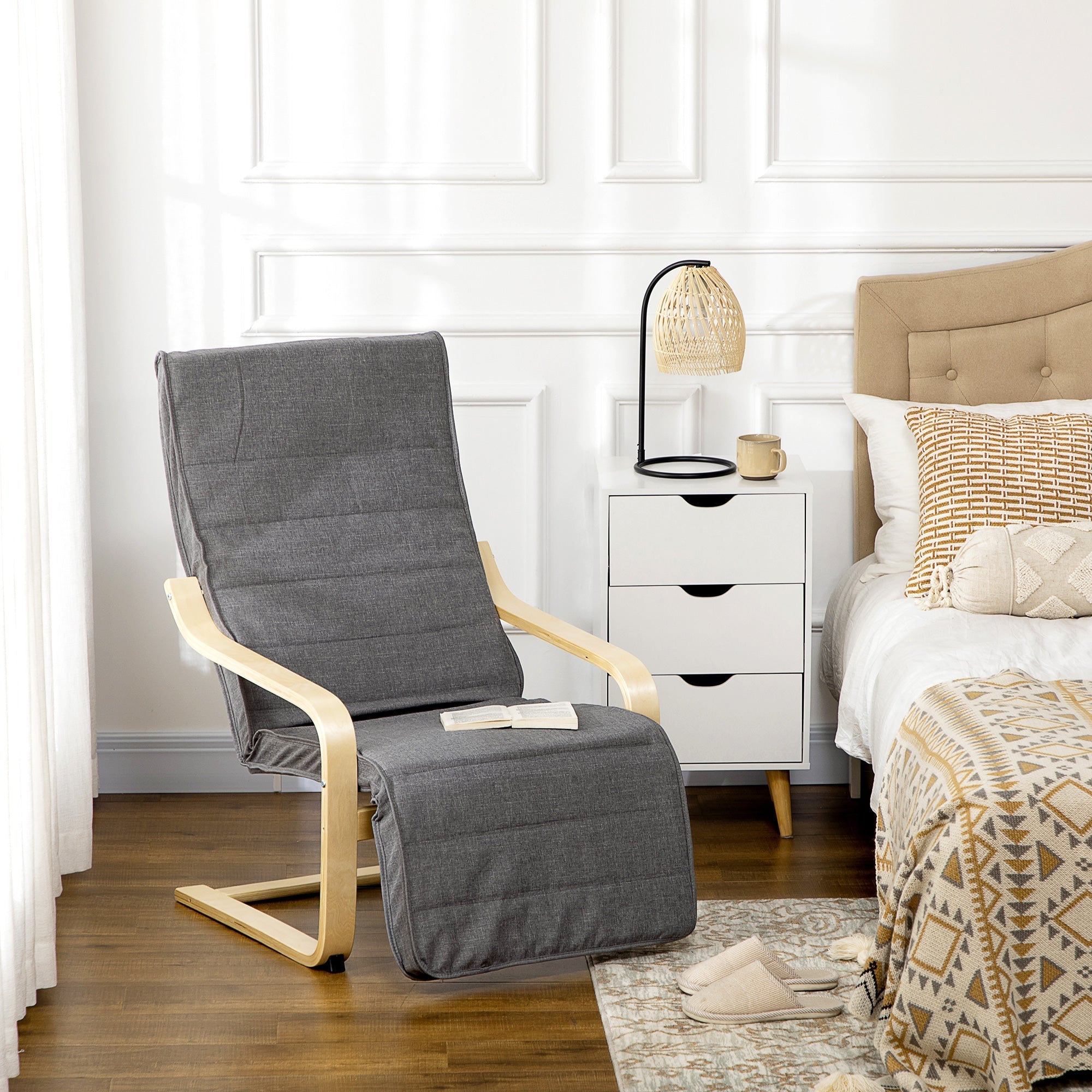 Wooden Lounging Chair Recliner with Adjustable Footrest & Removable Cushion, Dark Grey