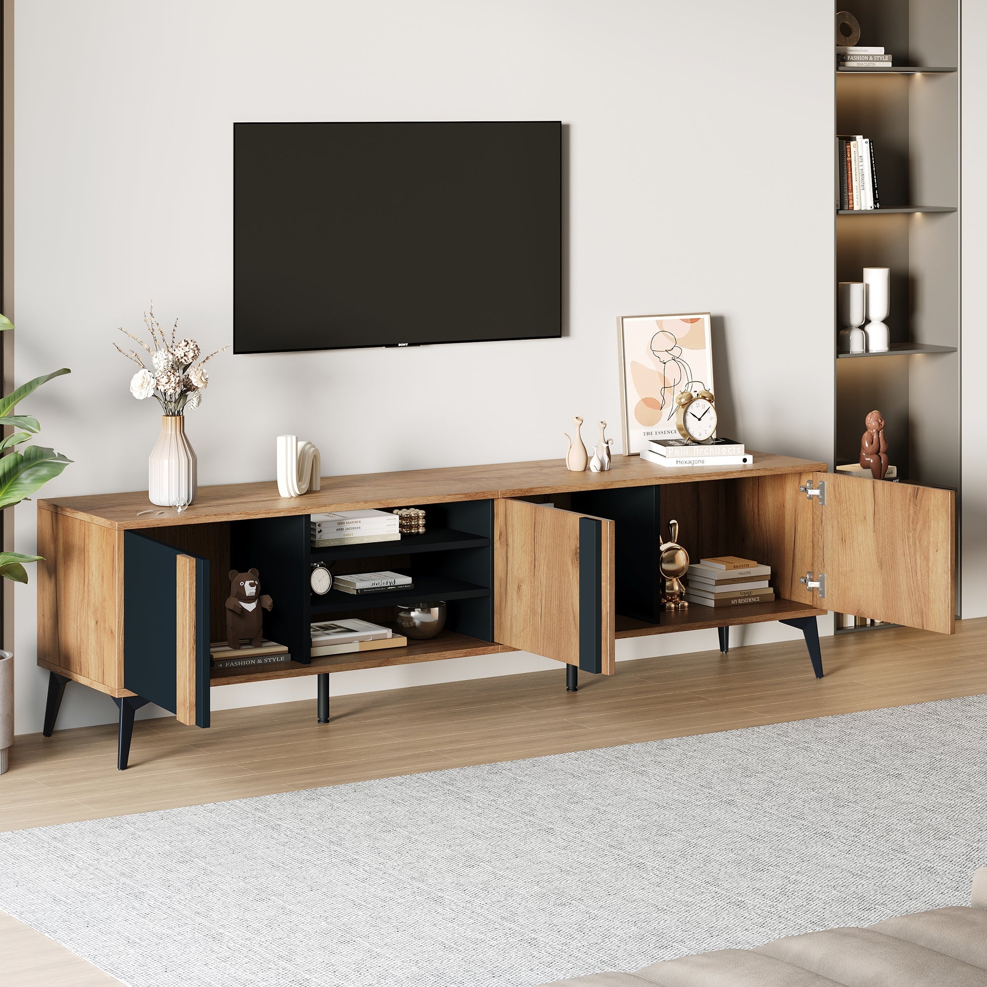 TV Cabinet, Lowboard TV Unit with Door & Open Compartment, 180cm, Rustic Brown
