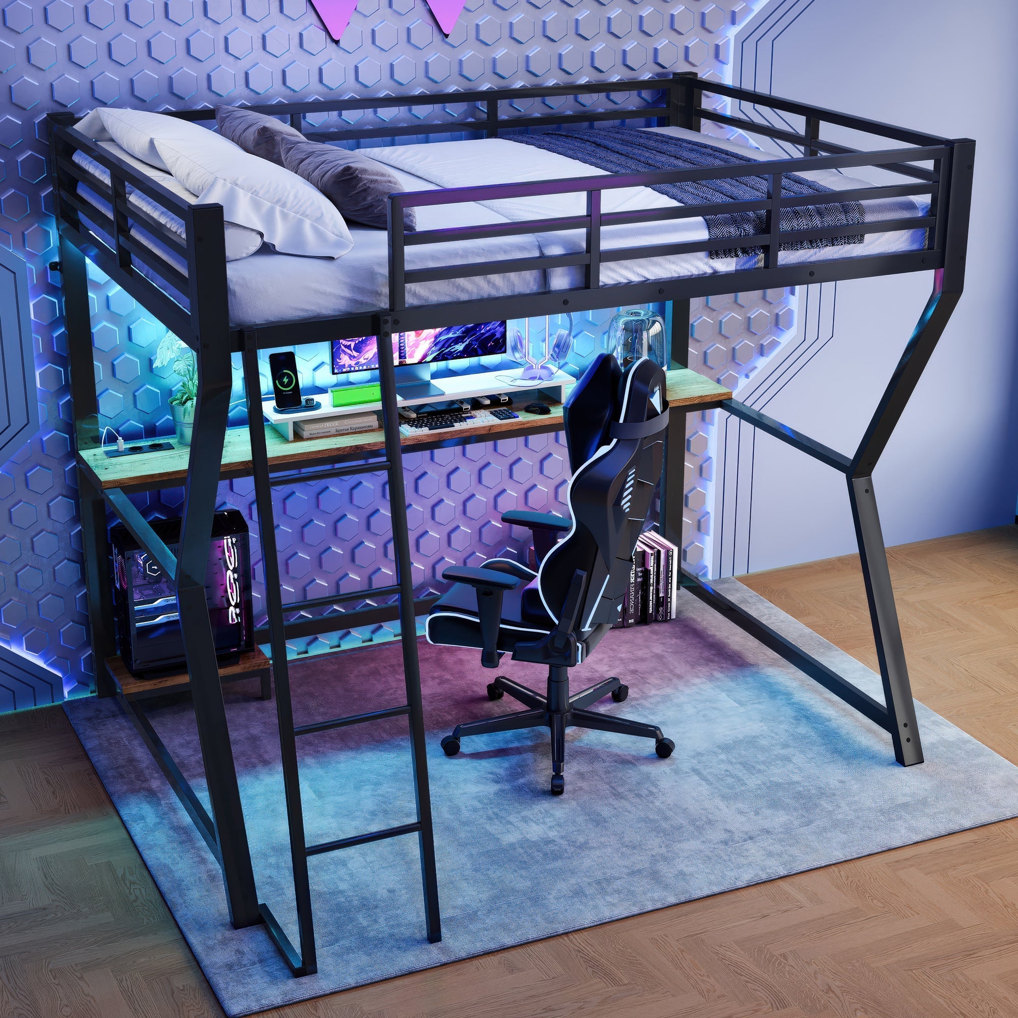 Loft Bed 90x200cm with Desk Storage Stairs LED Lights & USB Port Black