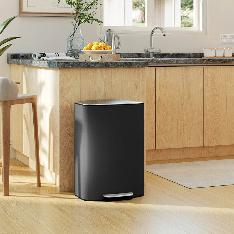 50L Kitchen Bin, Soft-Close Lid, Removable Inner Bucket, Stainless Steel, Black