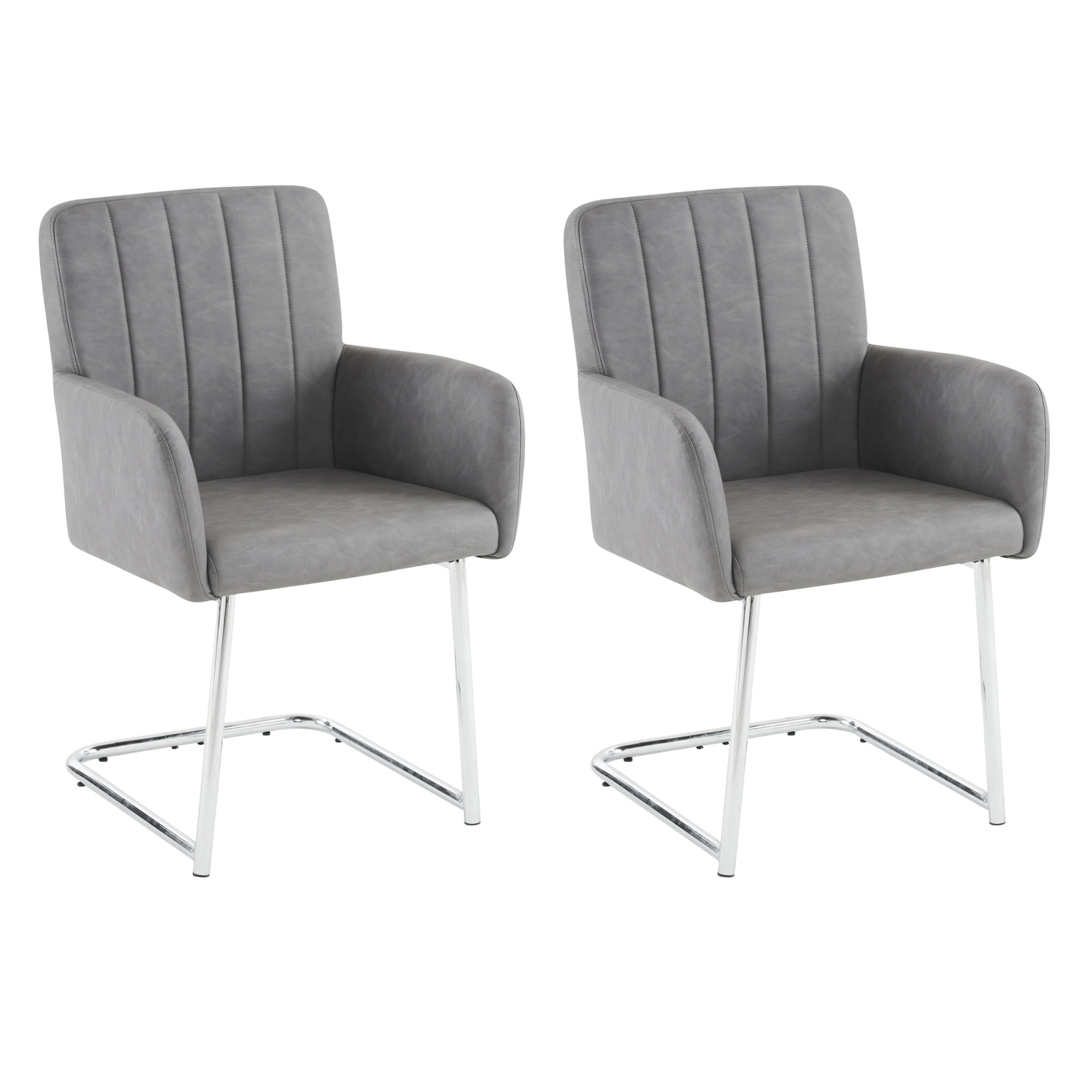Set of 2 Dining Chairs with Vertical Stripes and Zigzag Metal Legs, Grey Faux Leather