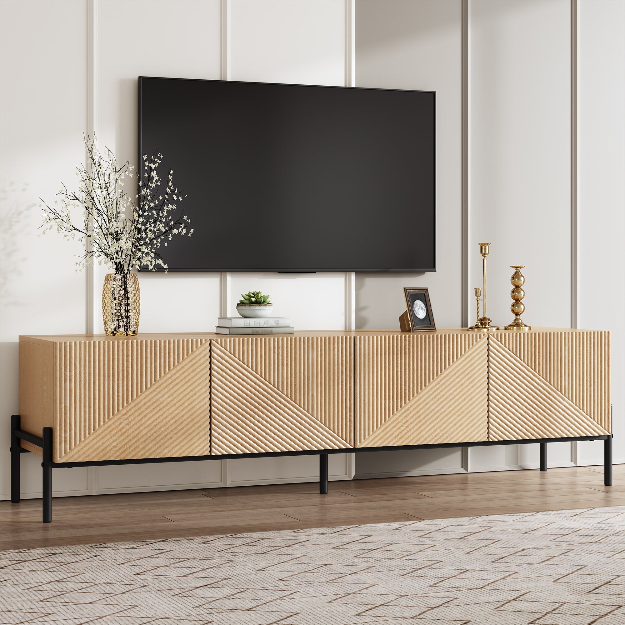 Modern TV Cabinet with 4-Door Storage and 3D Geometric Design, 160cm, Wood and Metal