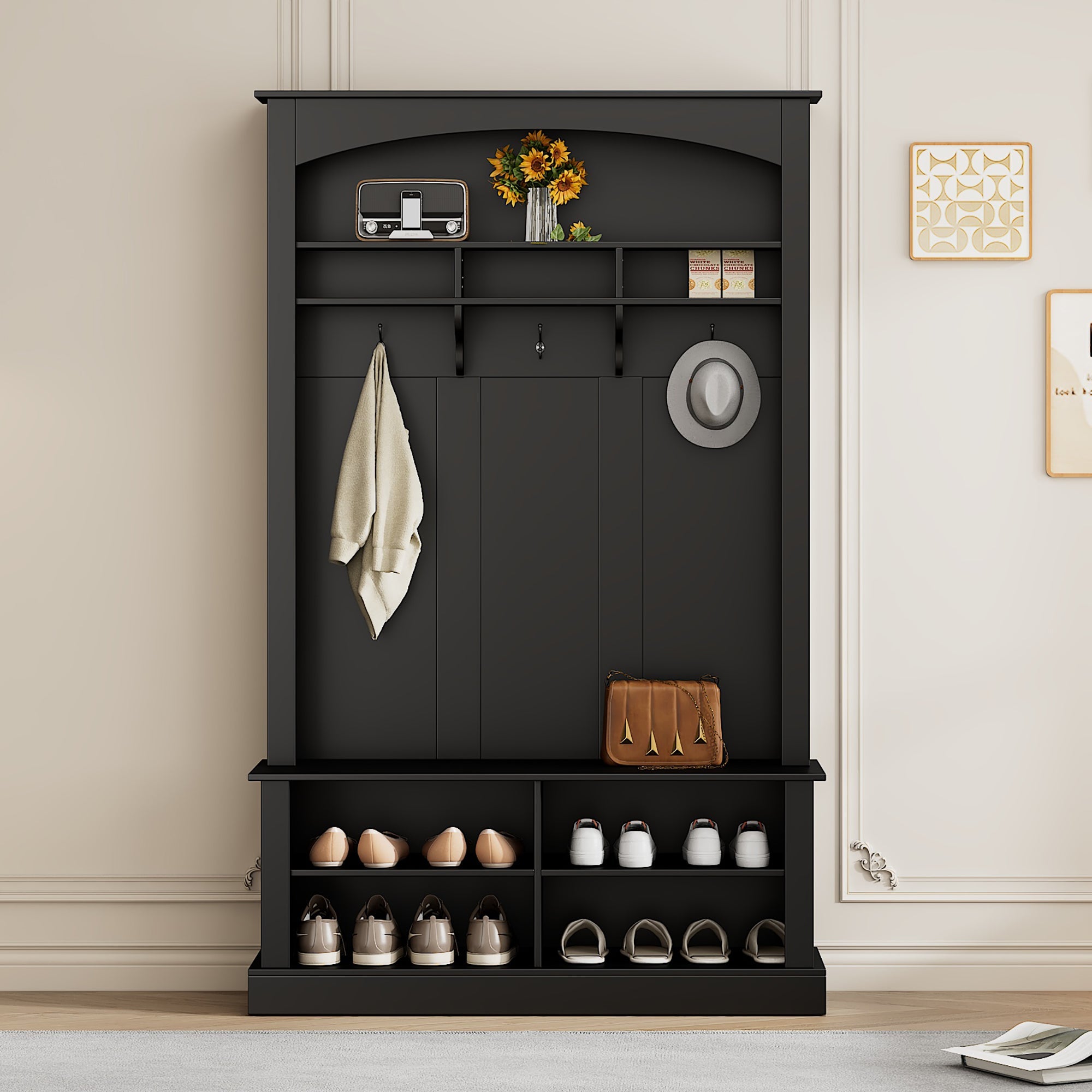 Wardrobe set with bench and shoe rack, multifunctional storage, black