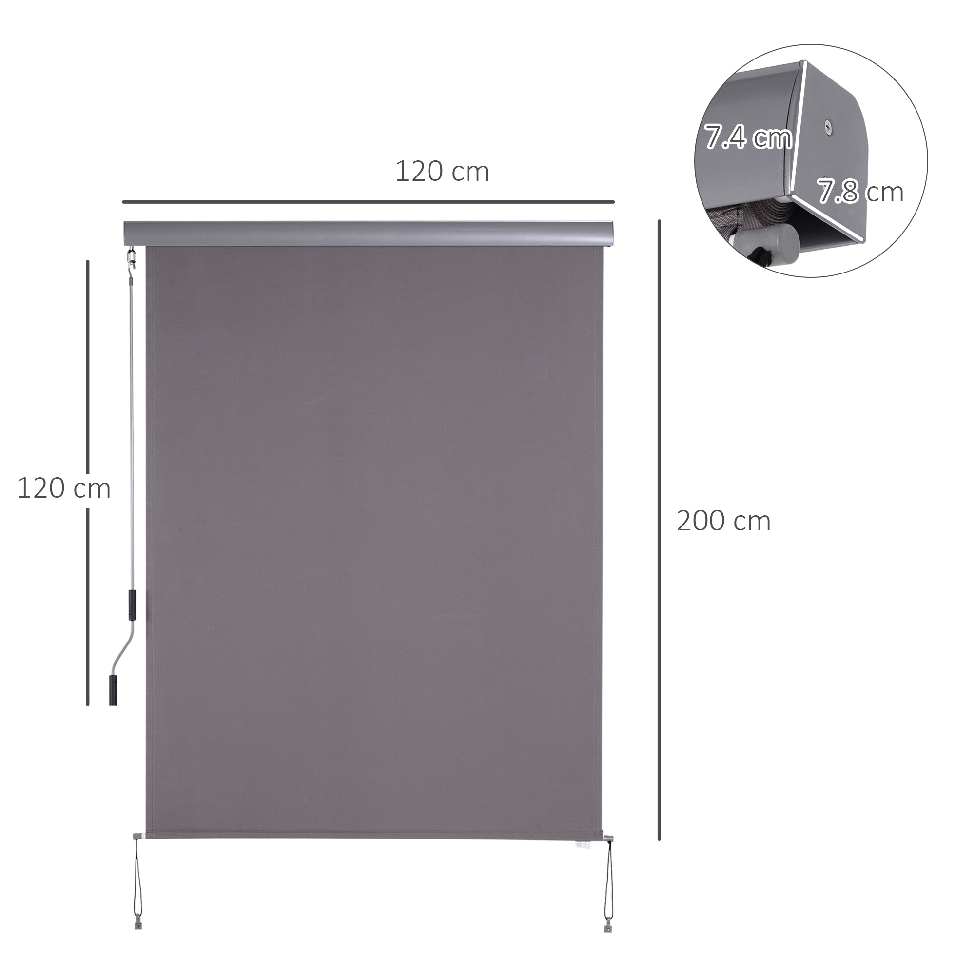 Vertical Awning 120x200cm Windbreak Privacy Screen Hand Crank, Grey