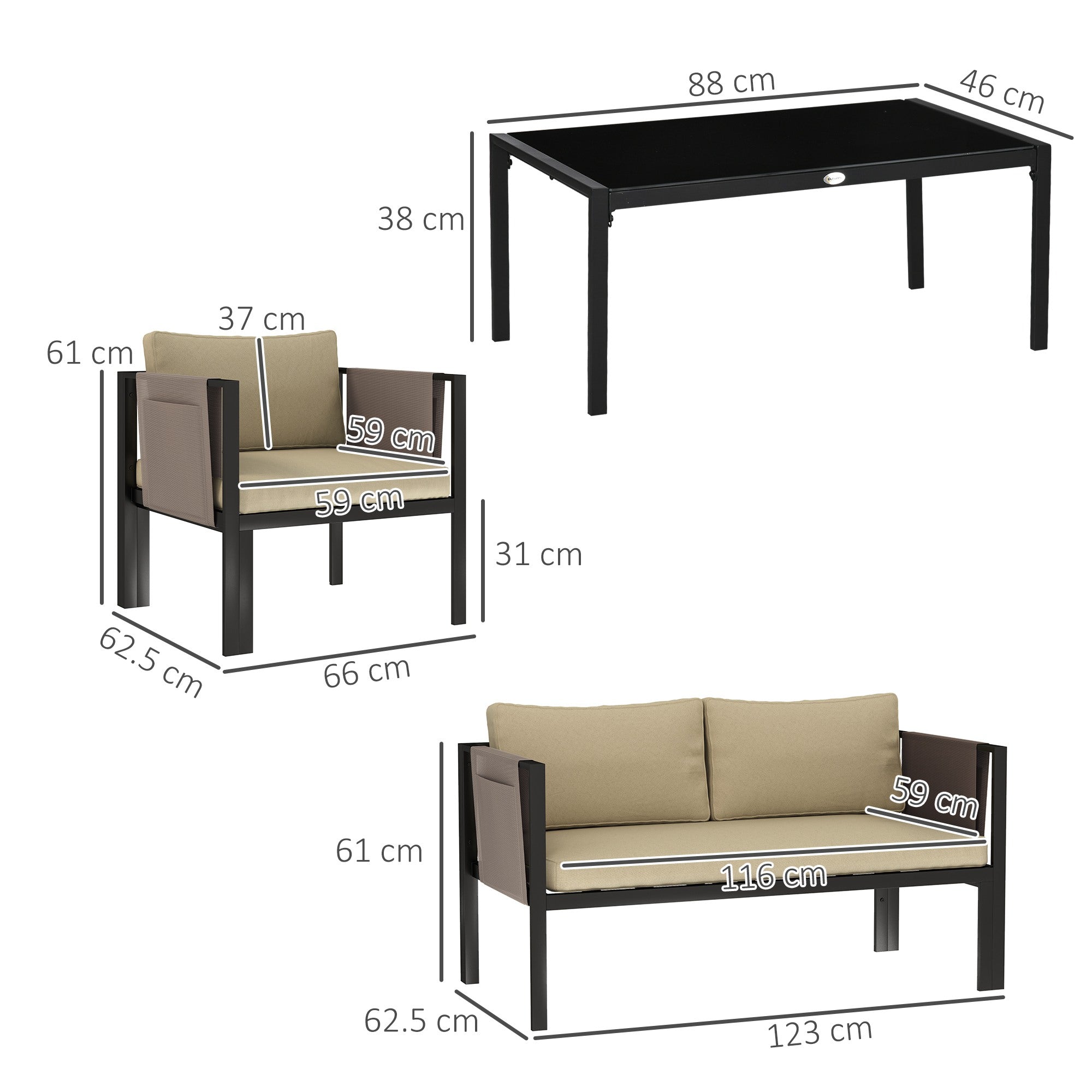 4 Piece Garden Furniture Set with Tempered Glass Coffee Table, Loveseat, Armchairs, Padded Cushions, Khaki Metal