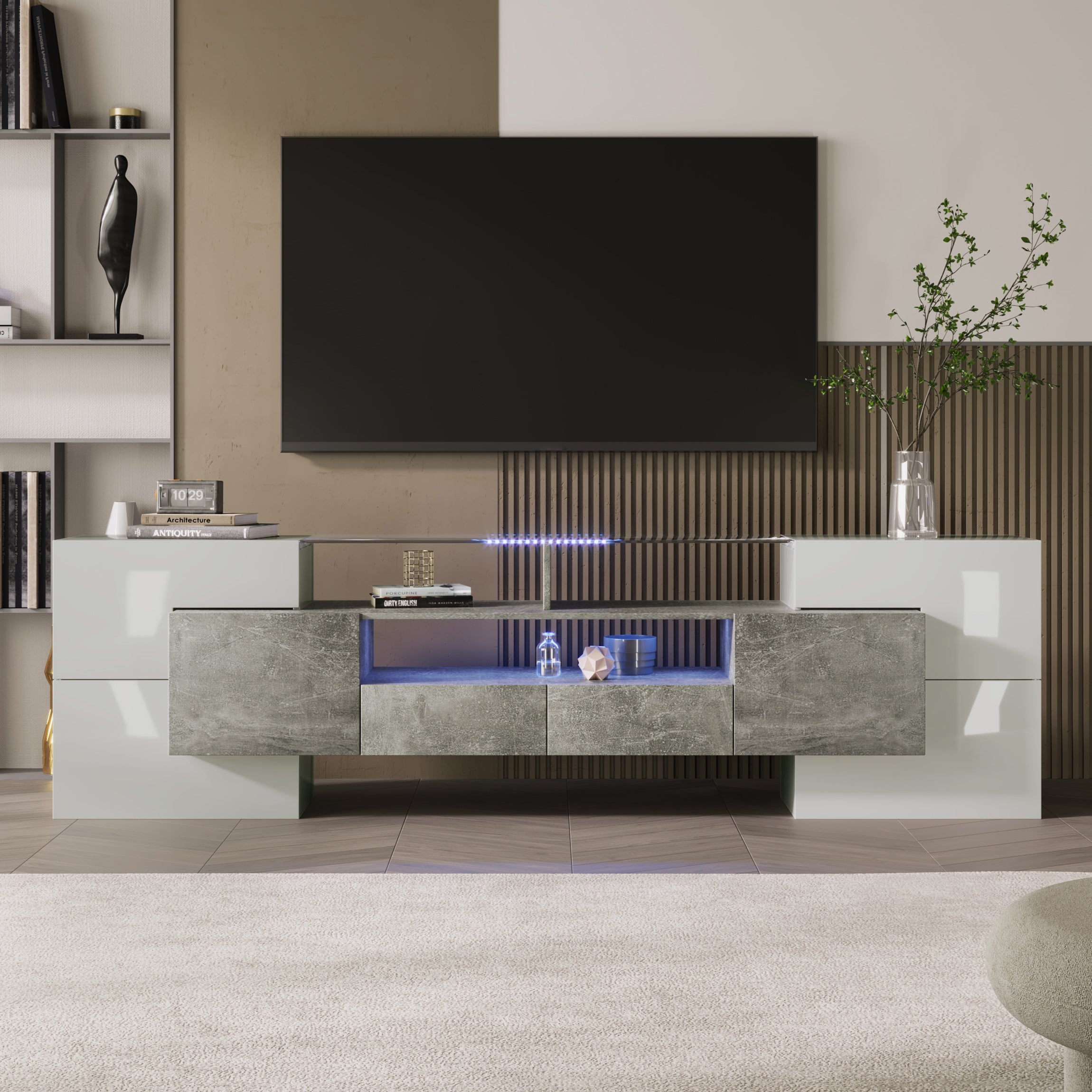TV Cabinet Lowboard 200cm LED High-Gloss Glass - White/Grey