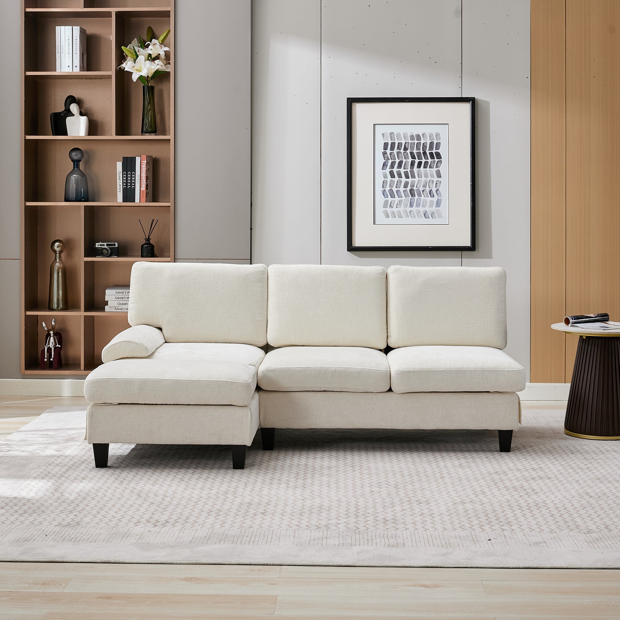 L-Shaped Sleeper Corner Sofa Upholstered 3-Seater Beige Linen