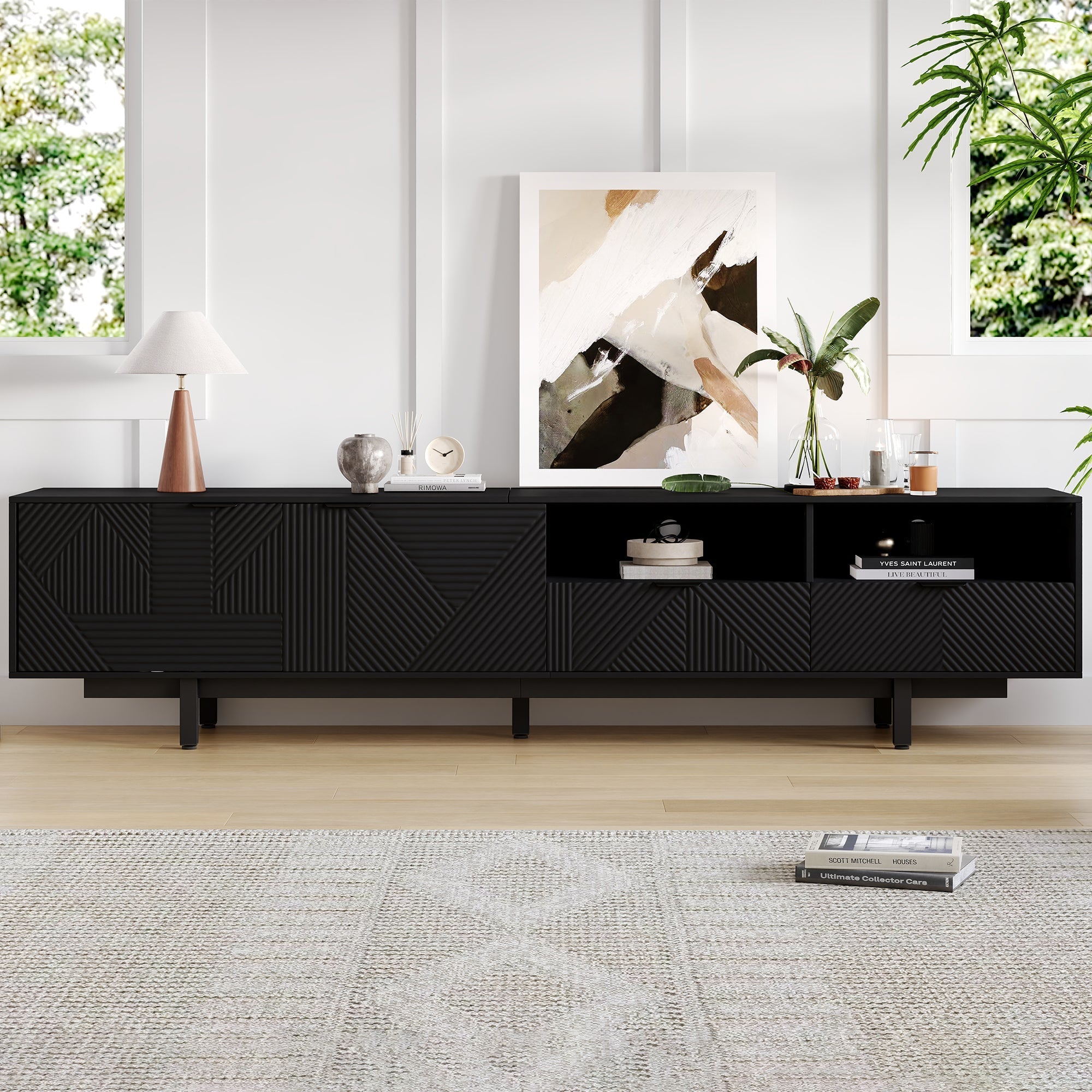 TV Cabinet, Modern Bohemian, Abstract Geometric, 90-inch, Black