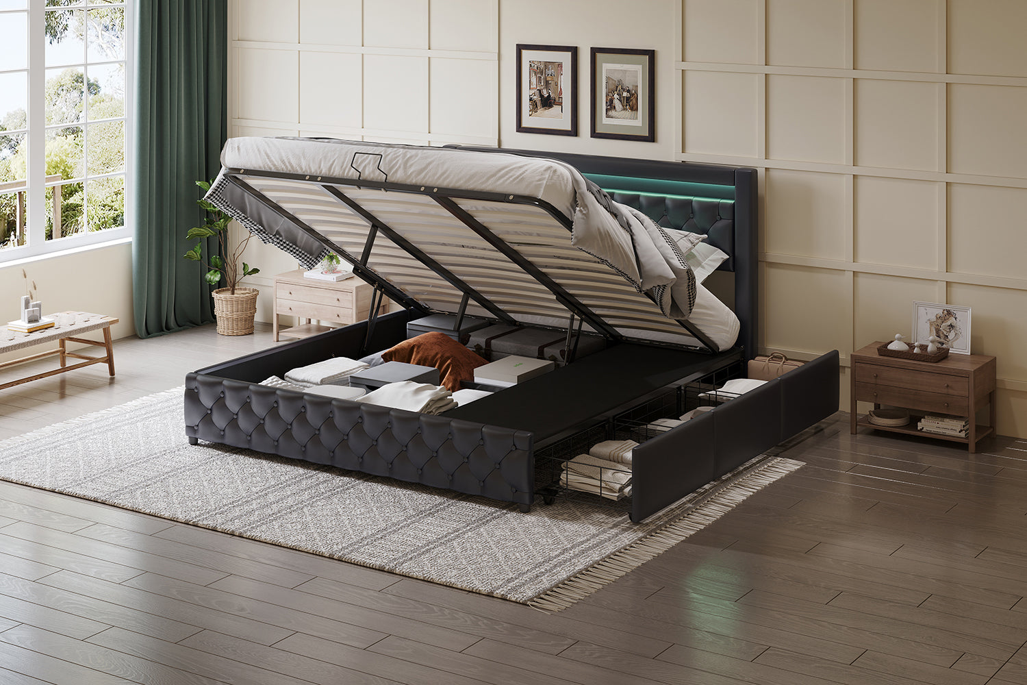 Upholstered Bed 180x200cm, Double Storage Bed with Drawers and LED Light Strip, Black PU