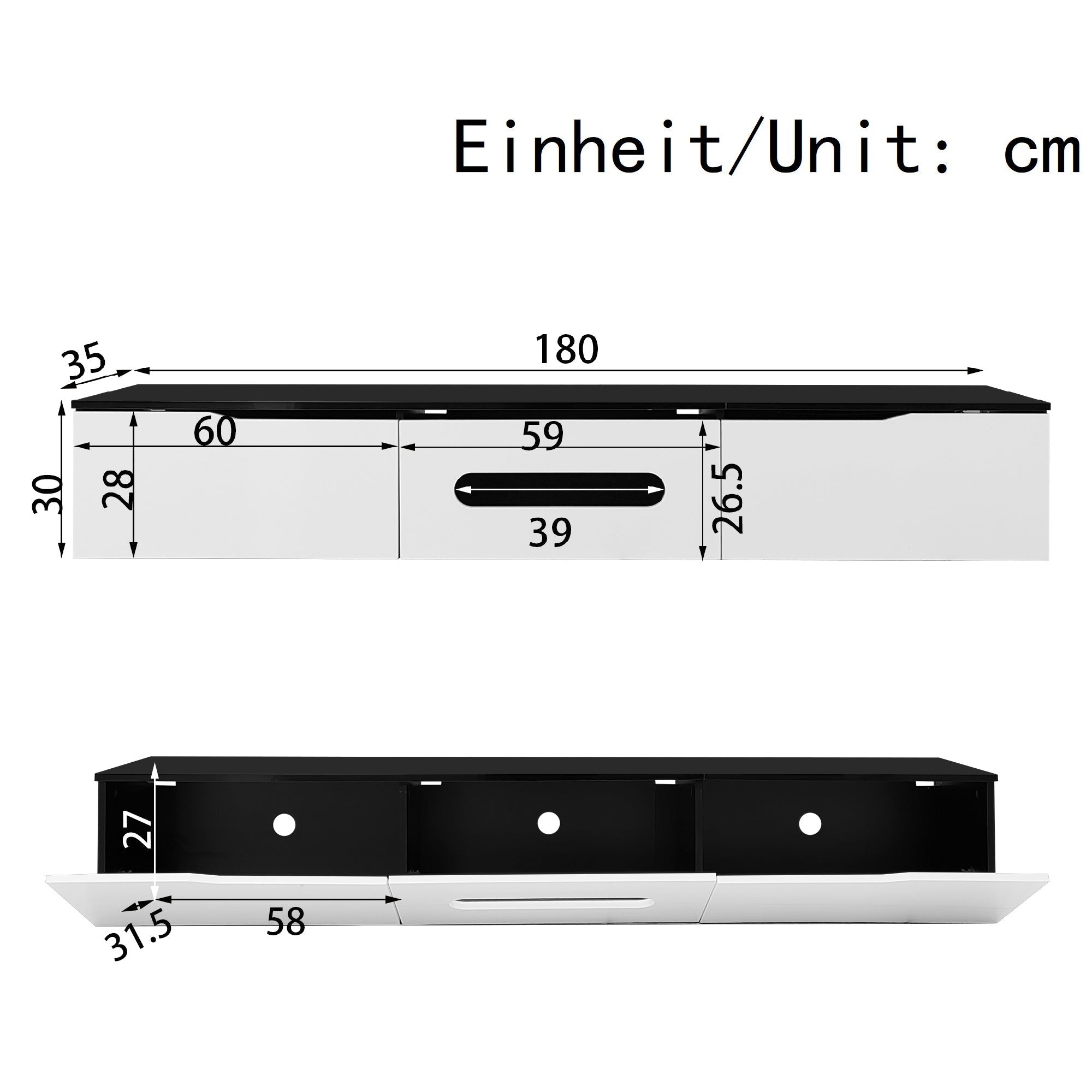 Black and White TV Cabinet, 180cm Long LED High-Gloss, Wall-Mountable