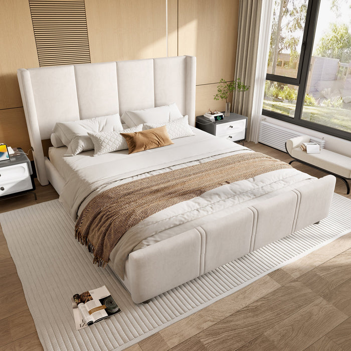 Upholstered Bed Frame, Modern High Headboard & Footboard, USB Port, Iron & Wood, Beige