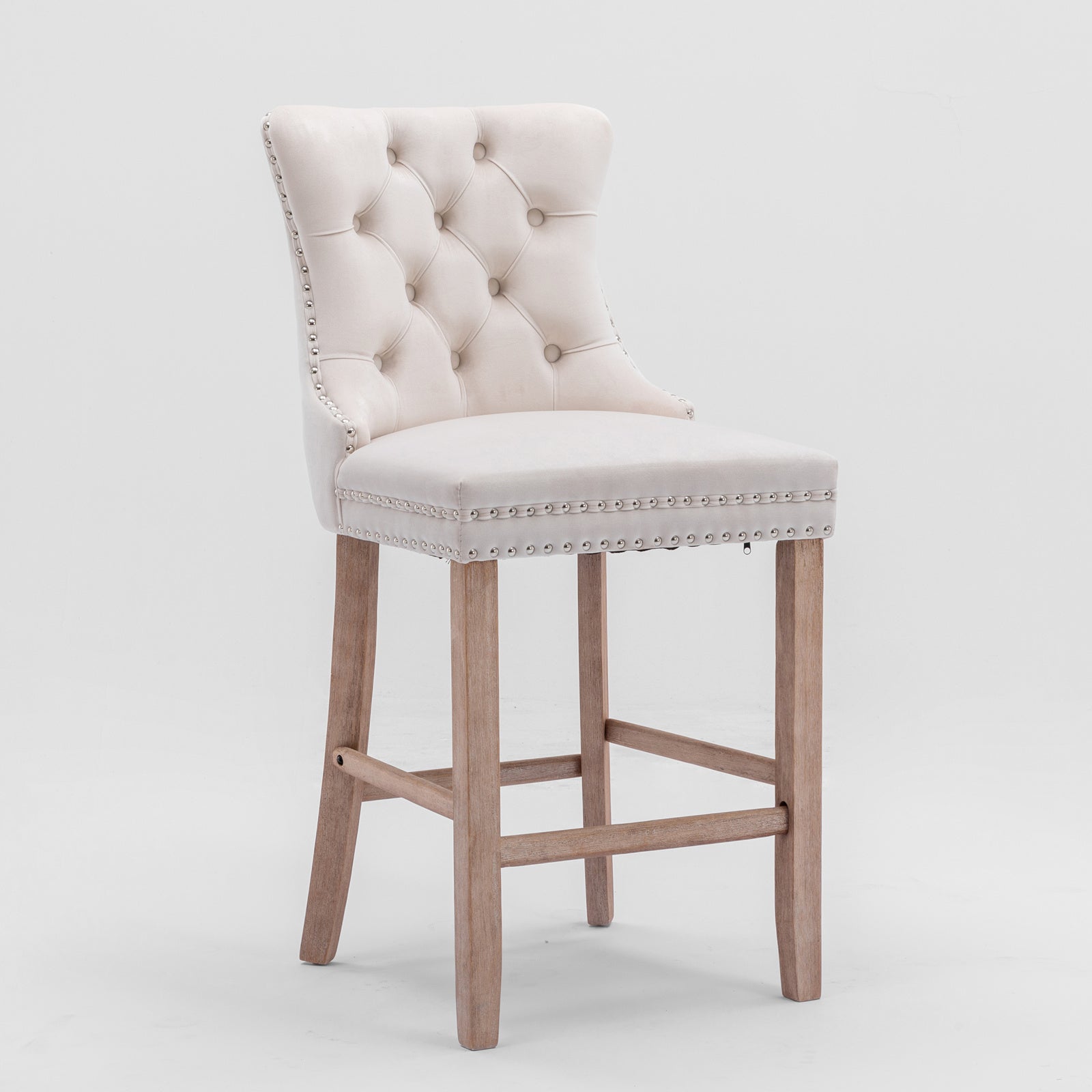 Barstools Set of 2 Contemporary Velvet Upholstered Button Tufted Wooden Legs Beige