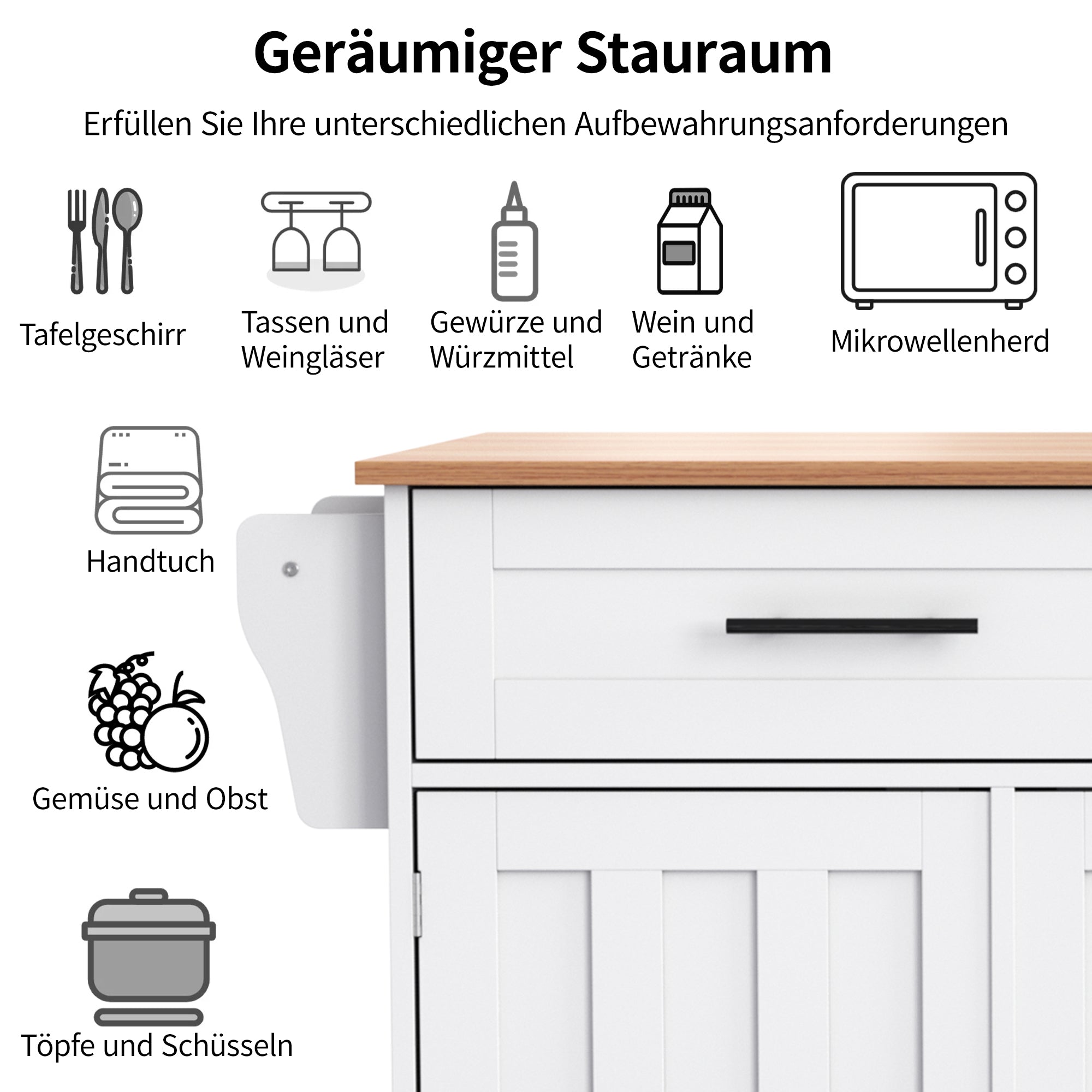 Dining Cart/Sideboard with Folding Worktop and Storage, White Cabinet/Solid Wood