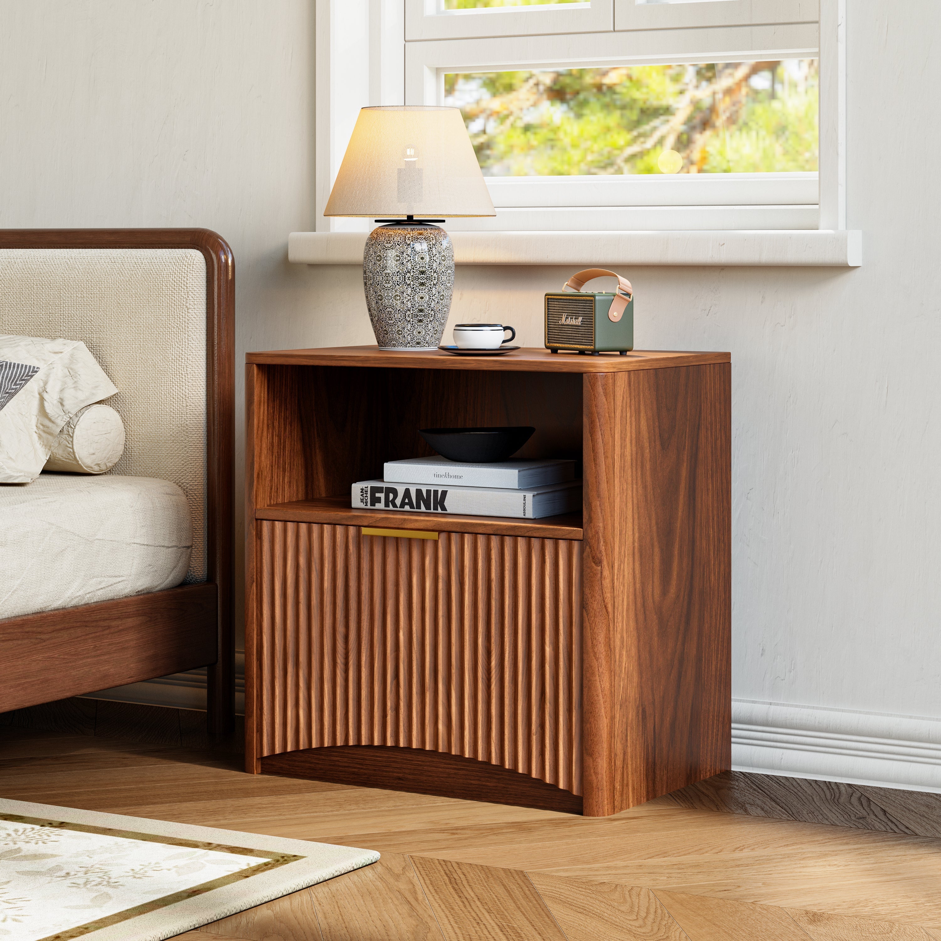 Nightstand Grooved Open Drawer Gold Handles - Walnut Look